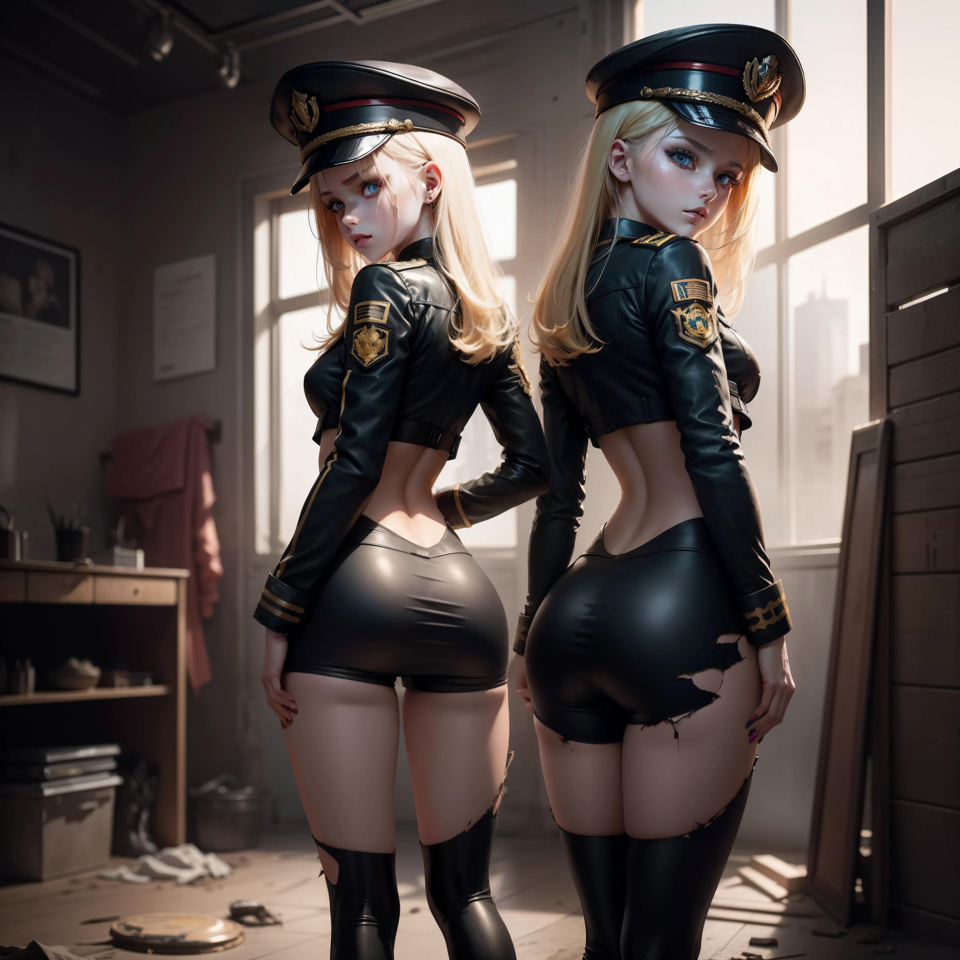 ukrainian girl , Ukrainian anime girls , , Ukraine ,  Full body composition of young girl with messy bright blonde hair, Looks Back,eye make up, ,  Soft lighting, Solo, Old torn dirty shabby futuristic military uniform, badges, Pose, Blotch color, Octane Render, Hyperrealistic intricate detail, Cinematic, 8K resolution, 70mm, Accent Lighting, Global Illumination, Full body portrait, clean detailed faces, intricate clothing, Cute face, flat chest, Slim waist, Slim legs, small hips,Wearing a military cap,Show underwear,