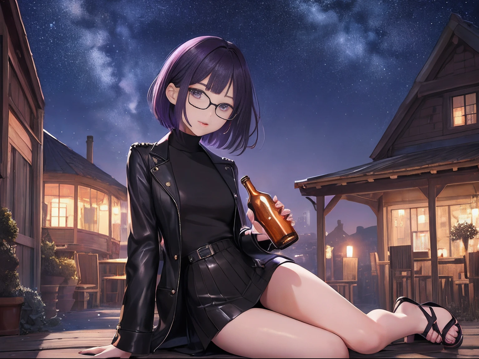 Ridiculous resolution, Ultra-detailed, Best Quality, Illustration, 8K, 超A high resolution, 细致背景、Delicate drawing、17-year-old beautiful girl、Deep ash hair、inner colored、Pixie Short、Forehead、eye glass、Short、Tiny、Pin Heel Midnight、 slender, cum in ,straight haired、Short hair, Slender eyes , Leather Turtleneck Dress、Pin Heel Sandals、beauty legs、((Drunk)), 
holding beer bottles、Stand by the Night、Purple light-up, starrysky、nighttime scene、Will、Super beautiful backgrounds、A detailed face、Realistic Girl