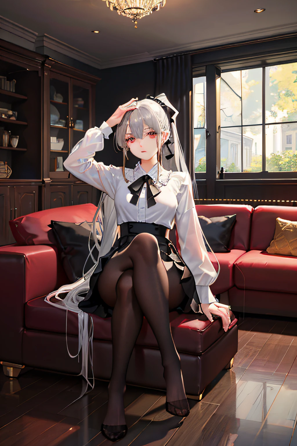 1 girl! Ray tracing, best shadows, high resolution (dim lighting) detailed background (living room) fluffy silver hair, plump and slender girl, high ponytail avoiding golden eyes in the ominous living room (girl wearing white shirt, black wrinkled skirt, with black transparent pantyhose), showing a delicate slim figure and graceful curves, correctly positioned and reasonable limbs! Put your hands behind your head, facial details! Delicate facial features, pay attention to the position details of the legs! Pay attention to hand details! High quality! More eligible! Reduce mistakes, fine drawing, ultra-detailed CG, more reasonable picture! Delicate finger detailing