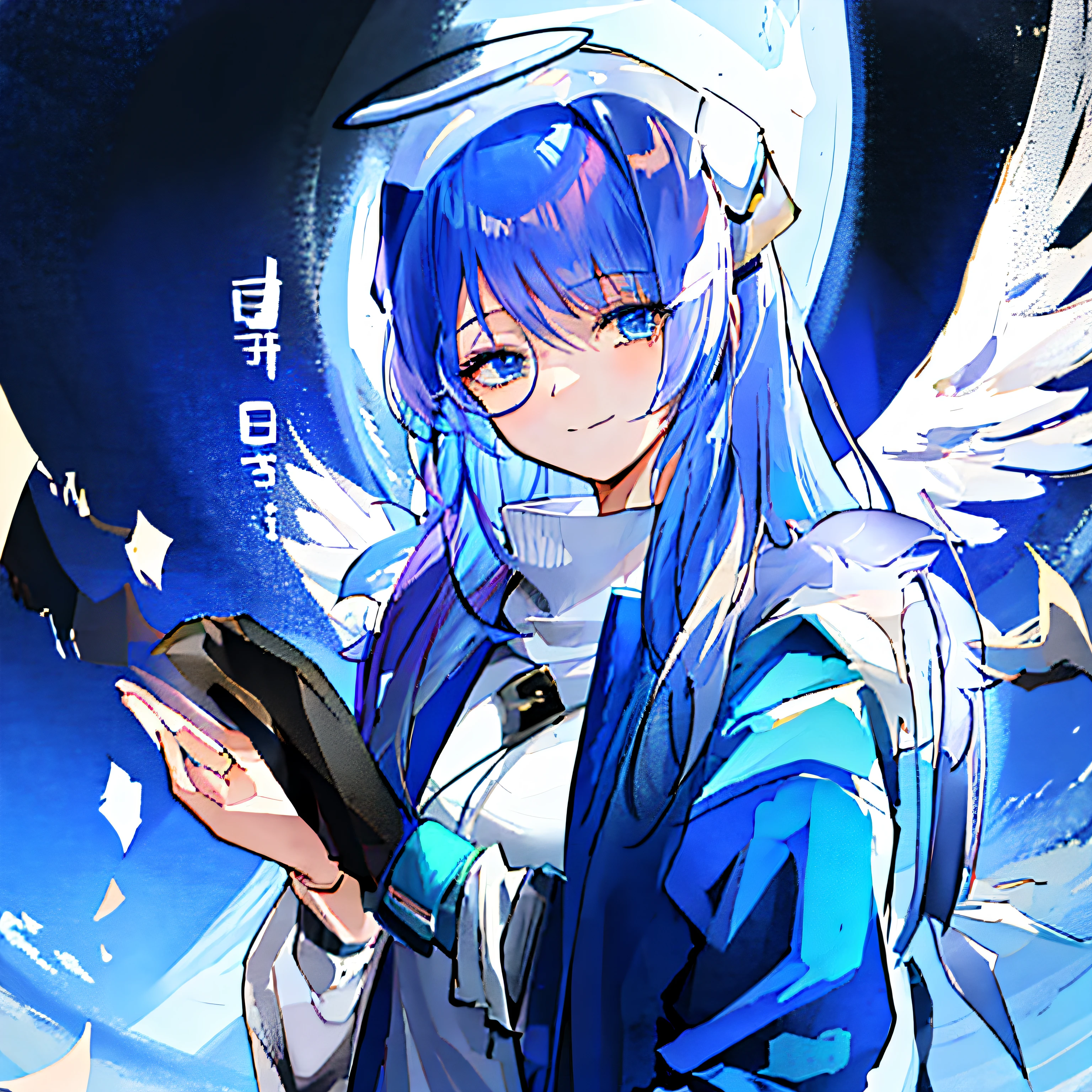 Anime girl with blue hair and angel wings holding a piece of paper, anime moe art style, 2 d anime style, in an anime style, Marin Kitagawa fanart, Anime waifu, anime girl with cat ears, as an anime character, 2d anime, (Anime girl), cute anime catgirl, anime big breast《kingpin》Albedo in