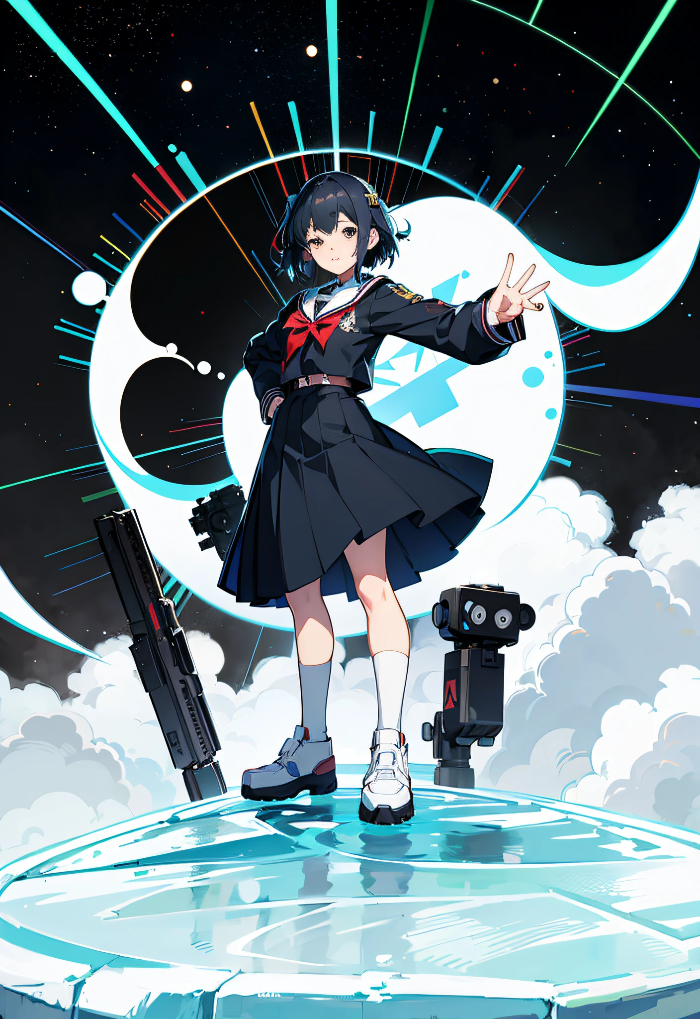 Anime girl in school uniform standing on platform with gun, Kantai collection style, Best anime 4k konachan wallpaper, anime moe art style, style of anime4 K, Kill Pull Kill illustration, 《Ghost Wind Special Assault Team》The art of pixels, Official artwork, Female protagonist 👀 :8, offcial art, Badass anime 8 K, portrait anime space cadet girl