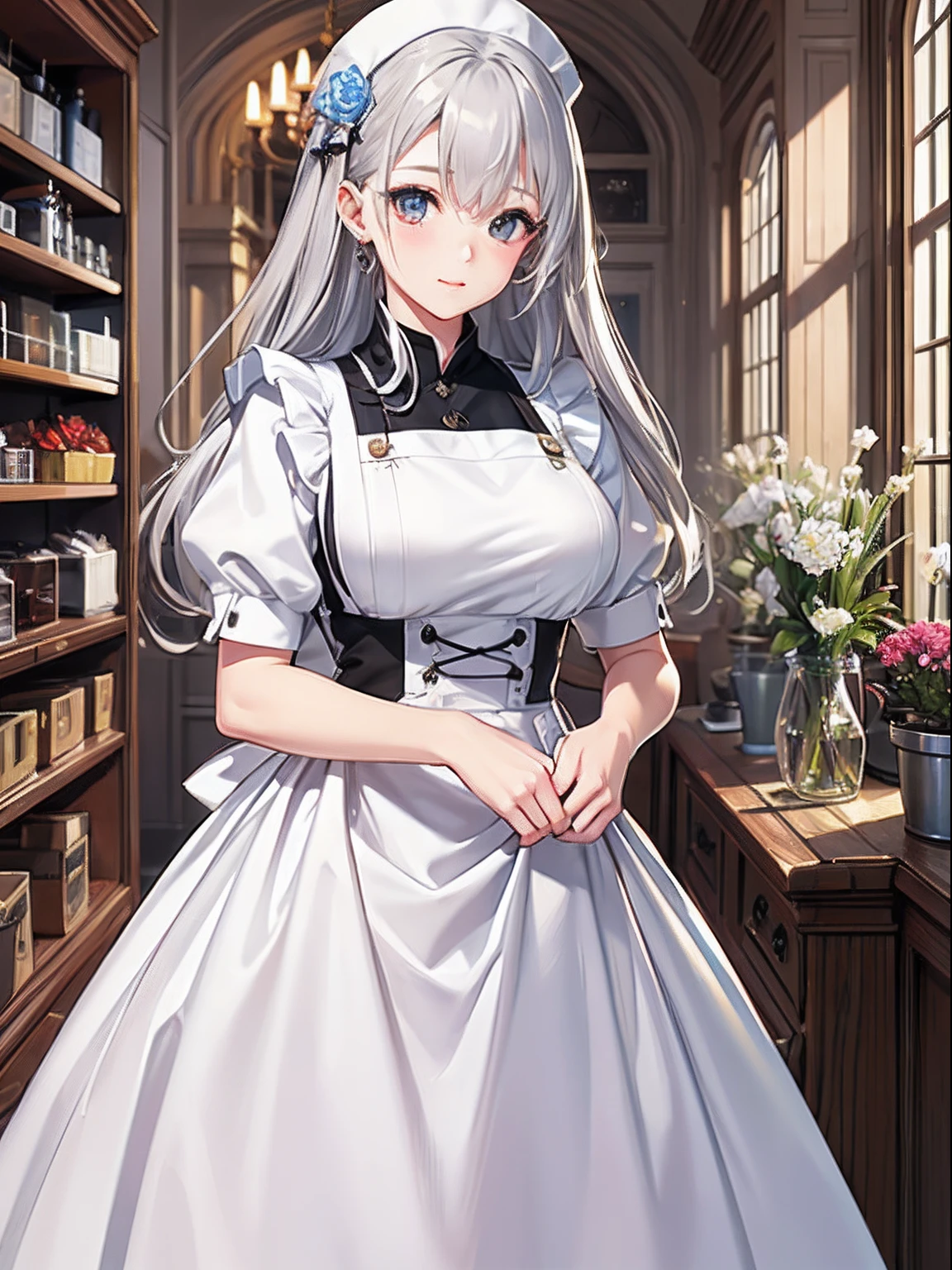 masterpiece、top-quality、hight resolution、High-quality images、8K、1maidennurse、detaileds、Detailed eye depiction、skin gloss、shinny hair、colourfull、long white-silver hair、Soft hair、Nomiya、portlate、Flower shop、Long apron、active