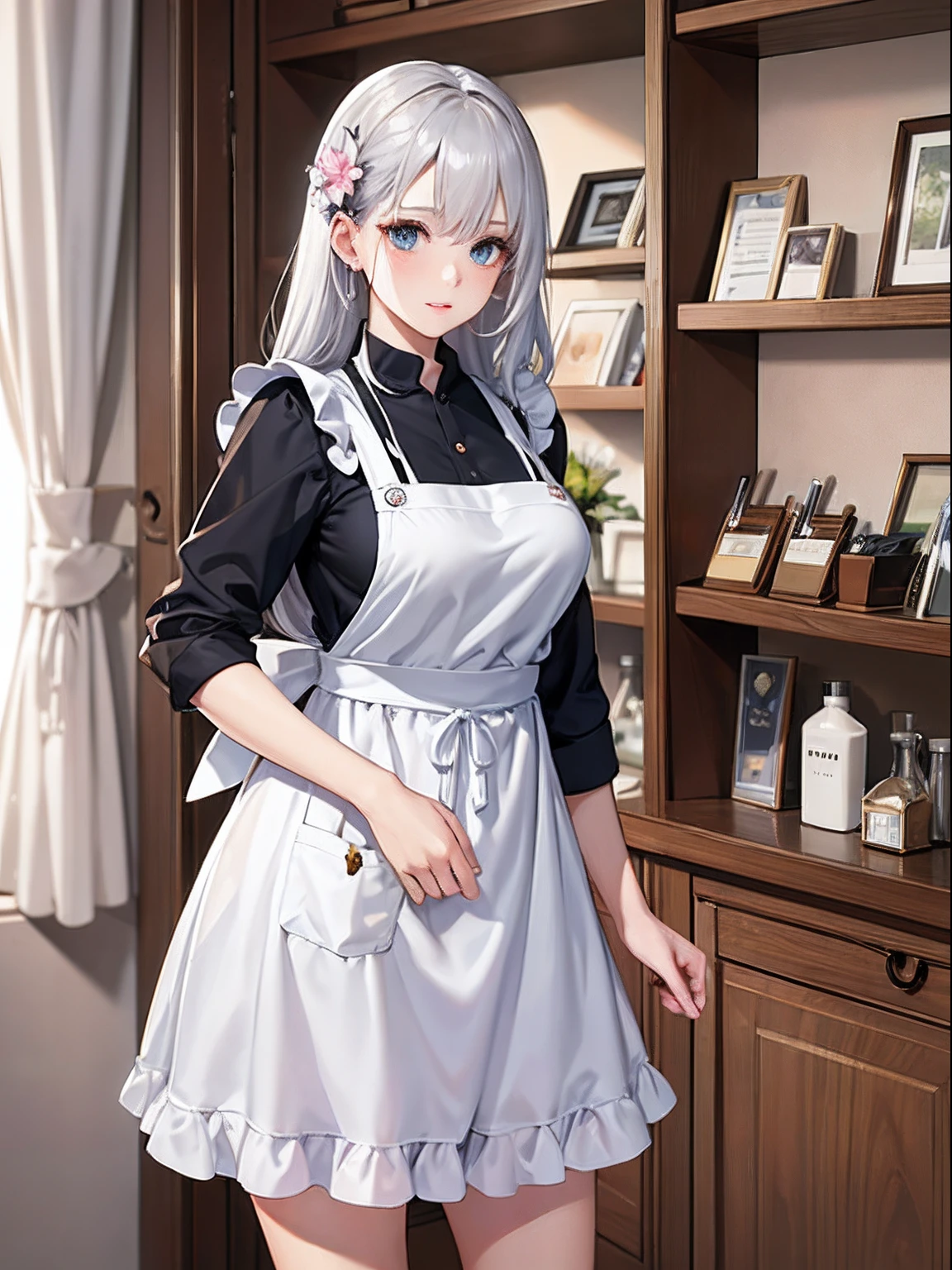 ((((masterpiece, Highest quality, High resolution)))), Extremely detailed 8K, Beautiful girl with a voluptuous body, (Ultra HD, Super detailed, Very detailed, Very realistic, Ultra-realistic, Photo Real), (One girl:1.5), (Realistic white hair), (Short Wavy Hair, hair ornaments, Earrings), (Dynamic pose), To the camera, View your viewers, (blush, Embarrassing, smile), (Purple eyes, Sharp eyes), (Firm breasts:1.2), (Beautifully detailed face, Beautiful attention to detail), ((Maid clothes, Maid Apron, Cat Ear Headband)), (detailed pussy),  Sweat, shine, (Sunbeam, sunlight),  coffee shop, ((Highest quality、High resolution))、Portraiture、Perfect body、Beautiful and bountiful breasts、Sexually excited expression、((throw、maid shows pussy))、Love Juice、I'm inviting you to have sex,(nsfw)