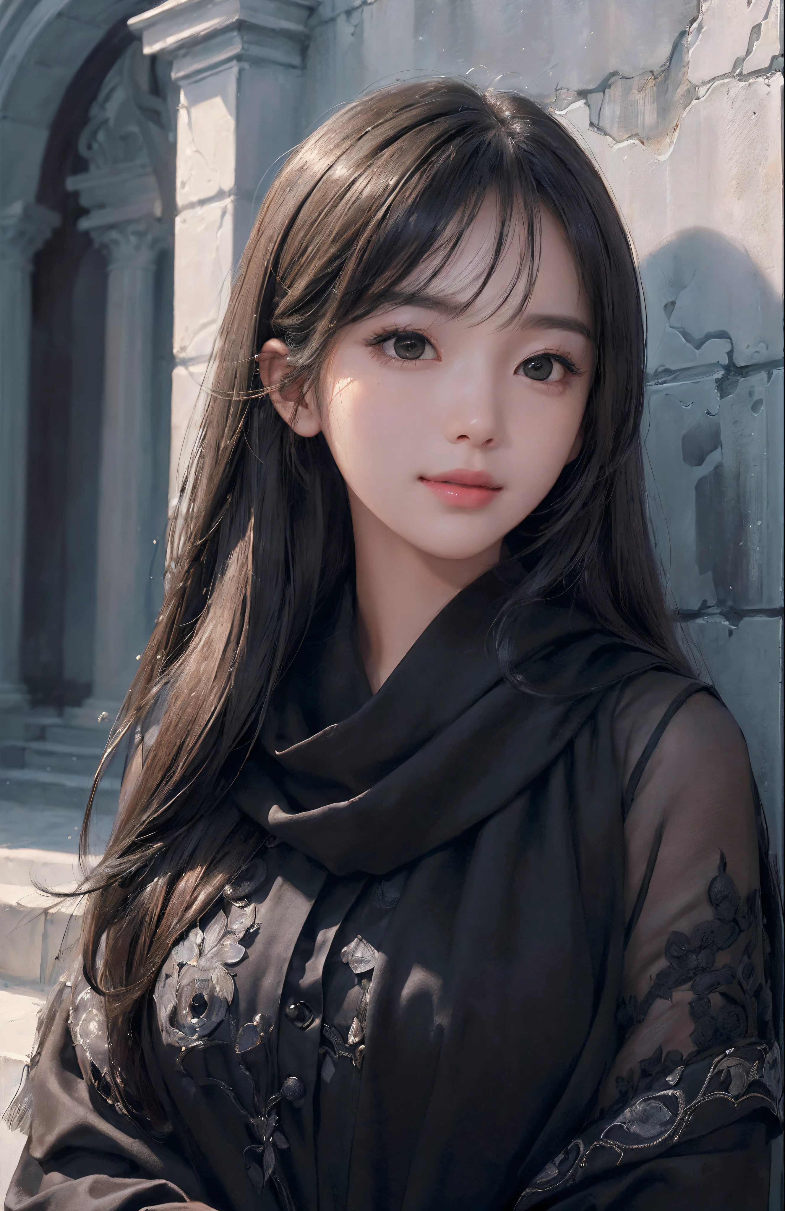 (A hyper-realistic)、(illustratio)、(hight resolution)、(8K)、(ighly detailed)、(Best Illustration)、(beautifully detailed eyes)、(top-quality)、(ultra-detailliert)、(masterpiece)、(wall-paper)、(A detailed face)、独奏、1 girl in、looking at viewert、fine detailed、A detailed face、in the darkness nigth、deep-shadows、lowkey、pureerosfaceace_v1、A smile、long、(The upper part of the body:1.4)、Shawl Straight Hair、46-point diagonal bangs、(Black eyes:1.4)