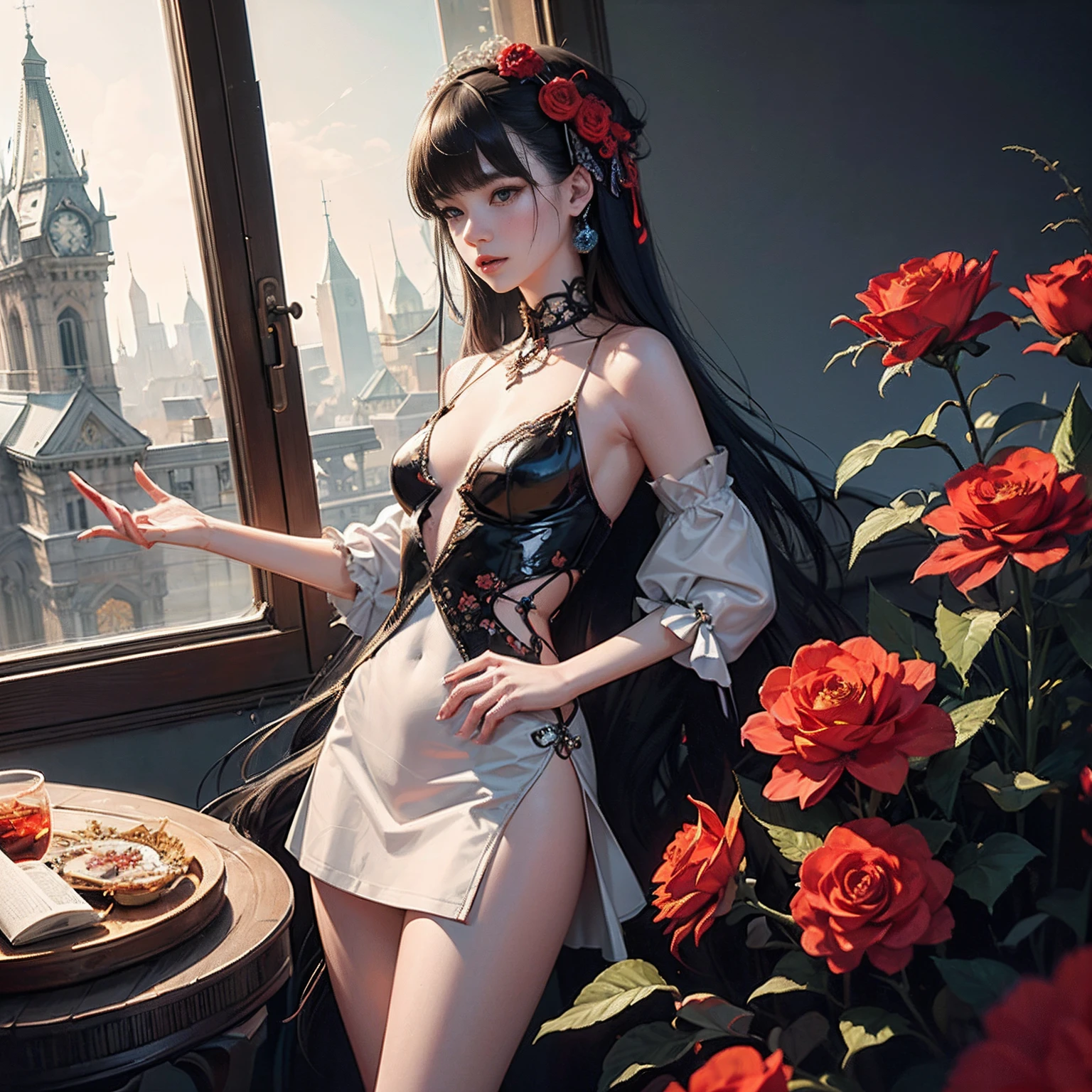 Unity 8k Wallpapers, ultra-detailliert, Beautiful and aesthetic, masterpiece, top-quality, (Zentangle, a Mandala, Tangles, Tangles), (Fractal Art:1.3) , 1girl in, Red flowers, ighly detailed, dynamic ungle, cowboy shot, Most Beautiful Form of Chaos, elegent, Brutalist design, vivd colour, romanticism, James Jean, roby dwi antono, by Ross Tran, Francis Bacon, michal mraz, Adrian Ghenny, petra cortright, Gerhard Richter、Takato Yamamoto、Ashley Wood、Atmosphere