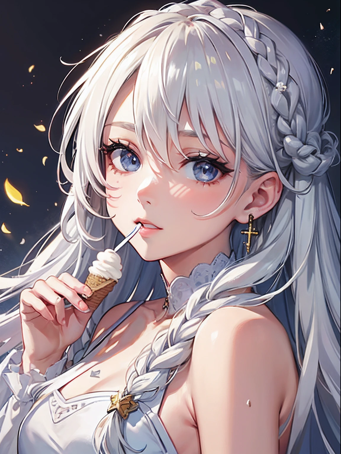 masterpiece、top-quality、hight resolution、High-quality images、8K、1maidennurse、detaileds、the detail、Detailed eye depiction、skin gloss、shinny hair、platinum-blonde、Long braided hair、Soft hair、anastasia、portlate、soft ice cream、Cream on the tip of the nose、Slight cross-eyed