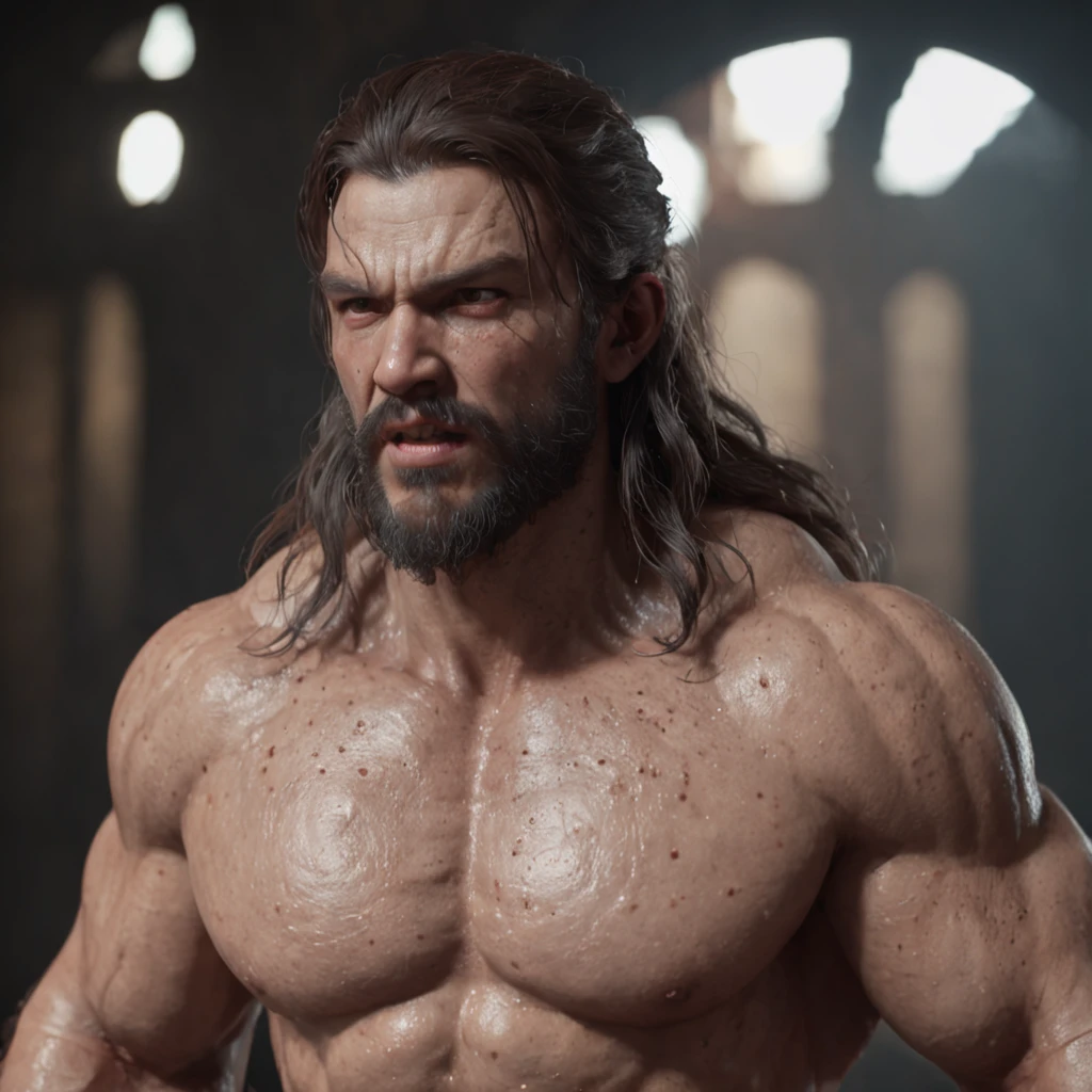 (professional 3d render:1.3) af (Realistic:1.3) most beautiful artwork photo in the world,Features soft and shiny male heroes, ((Epic hero fantasy muscle man rough wet hero angry looking long hair short beard and ferocious expression in dynamic pose, Fantastic location, Majestic cluttered environment)), Full body 8K unified rendering, action shot, skin pore, very dark lighting, heavyshading, Detailed, Detailed face, (vibrant, photograph realistic, Realistic, Dramatic, Dark, Sharp focus, 8K), (Old leather garments damaged by weathering:1.4), ((((Wear fur)))), (Intricate:1.4), decadent, (Highly detailed:1.4), Digital painting, rendering by octane, art stations, concept-art, smooth, Sharp focus, illustration, Art germ, (loish:0.23), wlop ilya kuvshinov, and greg rutkowski and alphonse mucha gracias, (Global illumination, Studio light, volumettic light), heavy rain, particles floating, lotr, fantasy, elf, full bodyesbian, ((Dark and ancient city background:1.3)),CGSesociety,art stations