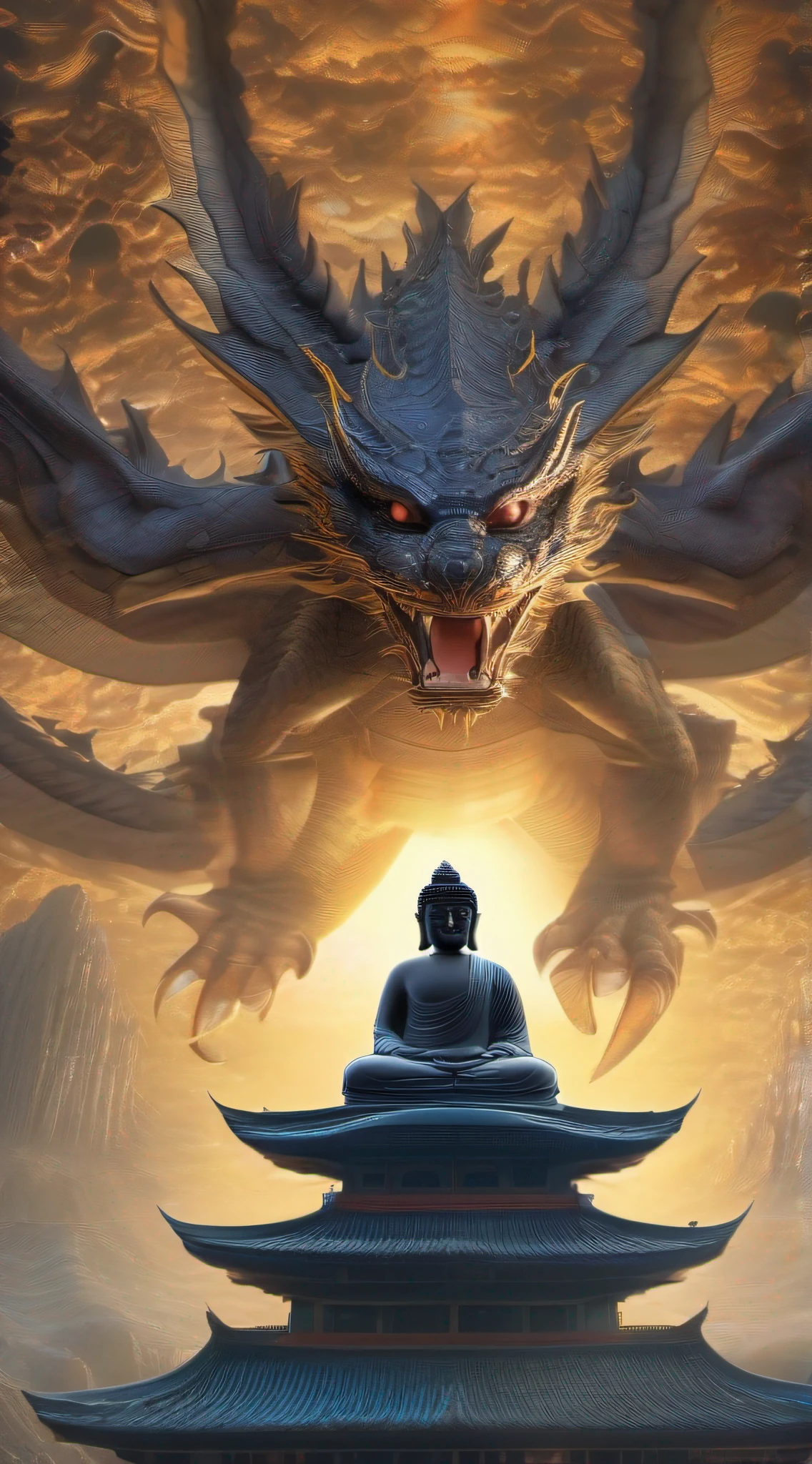 Buddha sits on a flying dragon,腾云驾雾,Dragoon mounts,surrealism, High detail, hyper photorealism, stereograms, Cinematic lighting, god light, hyper HD, Masterpiece, Best quality, A high resolution,No wings