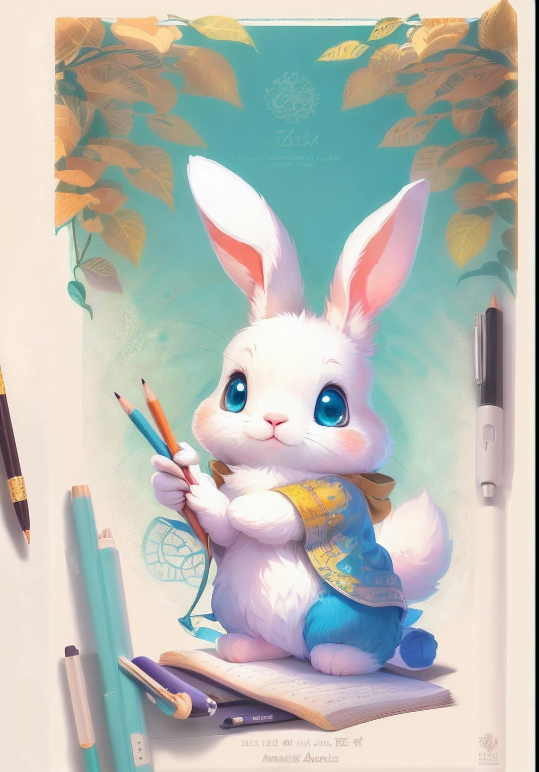 There are many cute animals, who hold a pencil, artistic illustration, Cute anthropomorphic rabbit, cute detailed artwork, Background White, illustration for children, Hand-drawn cartoon art style, cute artwork, official artwork, Cute digital art, cute detailed digital art, children book illustration, children book illustration, full color illustration, High-quality illustration