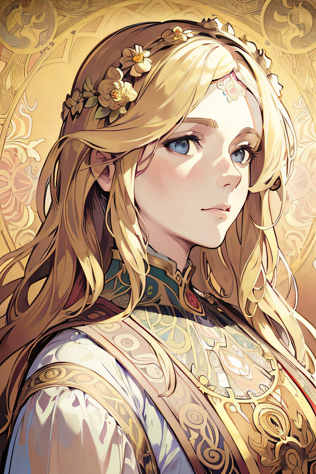 face portrait of a  European female , long curly hair, blond, floral frame, Decorative panels, abstract
photorealistic, artistic, by Alphonse Mucha
(Masterpiece, Best Quality, Highres:1.4), Detailed, Intricate Details, 4K, color splashes, line art,   fibonacci,