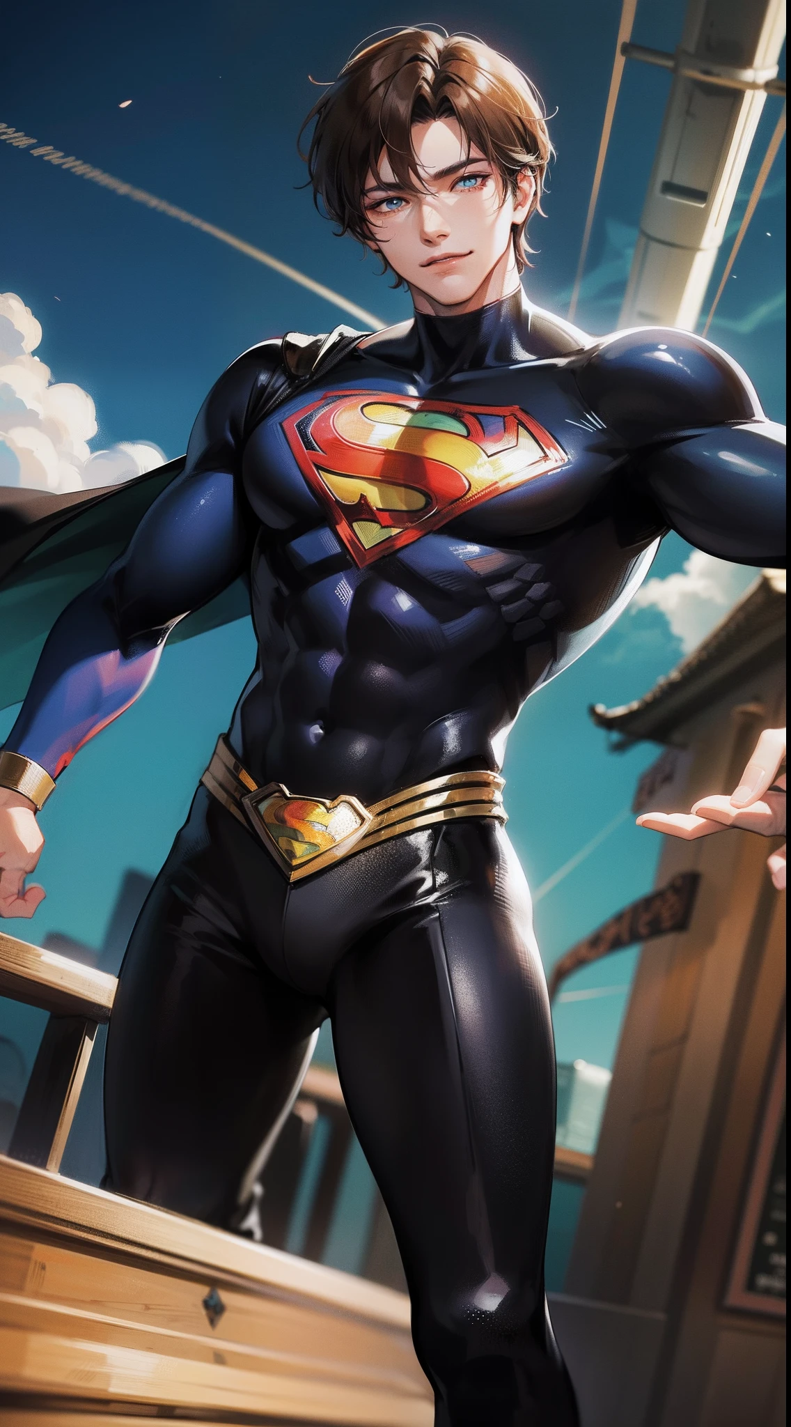 Young guy, short brown hair, Cyan eyes, brawn, Black Superman Costume, ssmile, Masterpiece, hiquality