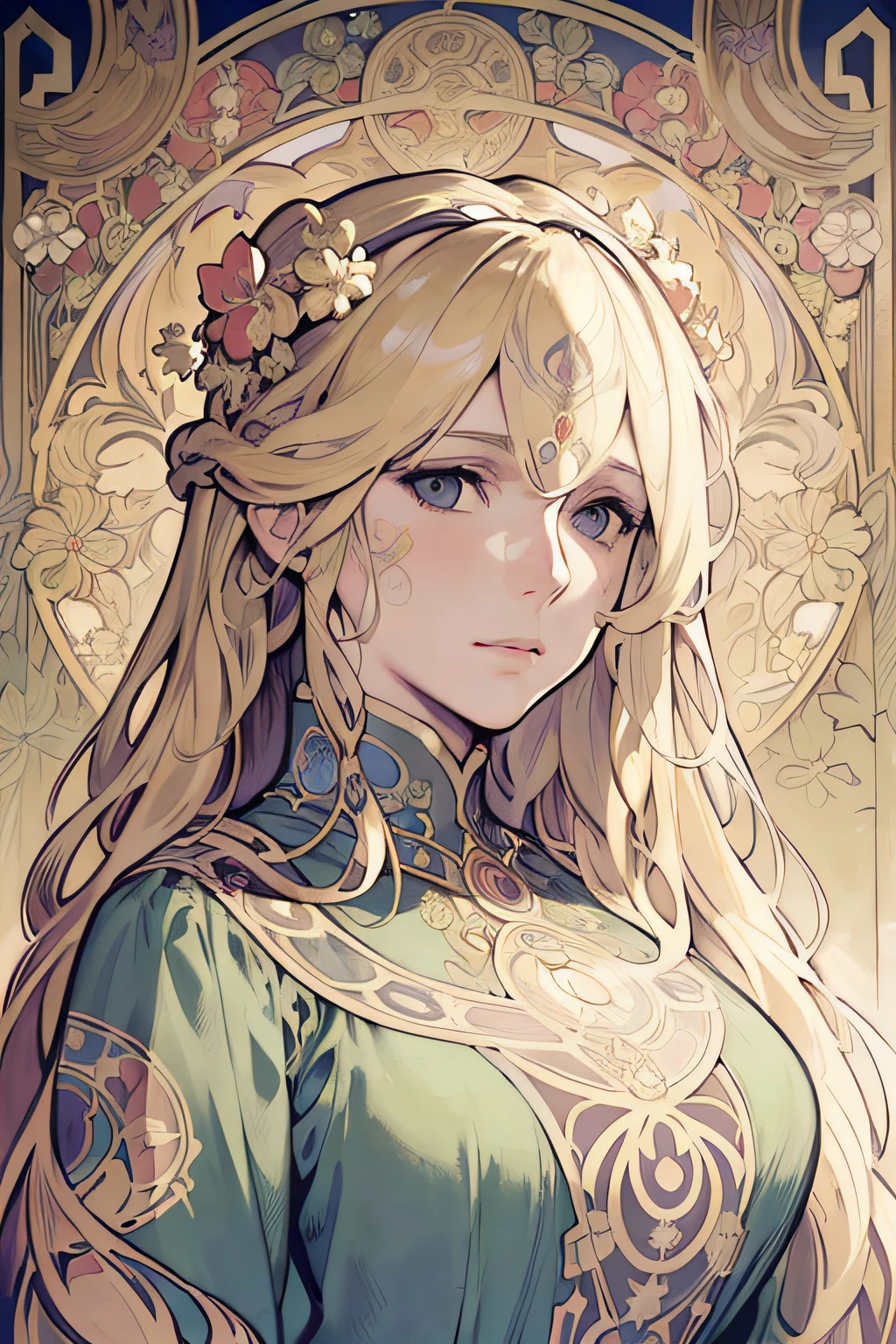 face portrait of a European female , long curly hair, blond, floral frame, Decorative panels, abstract
photorealistic, artistic, by Alphonse Mucha
(Masterpiece, Best Quality, Highres:1.4), Detailed, Intricate Details, 4K, color splashes, line art, fibonacci, deep lighting, contrasting light, bright soft lights, curvy, big breasts, cleavage
