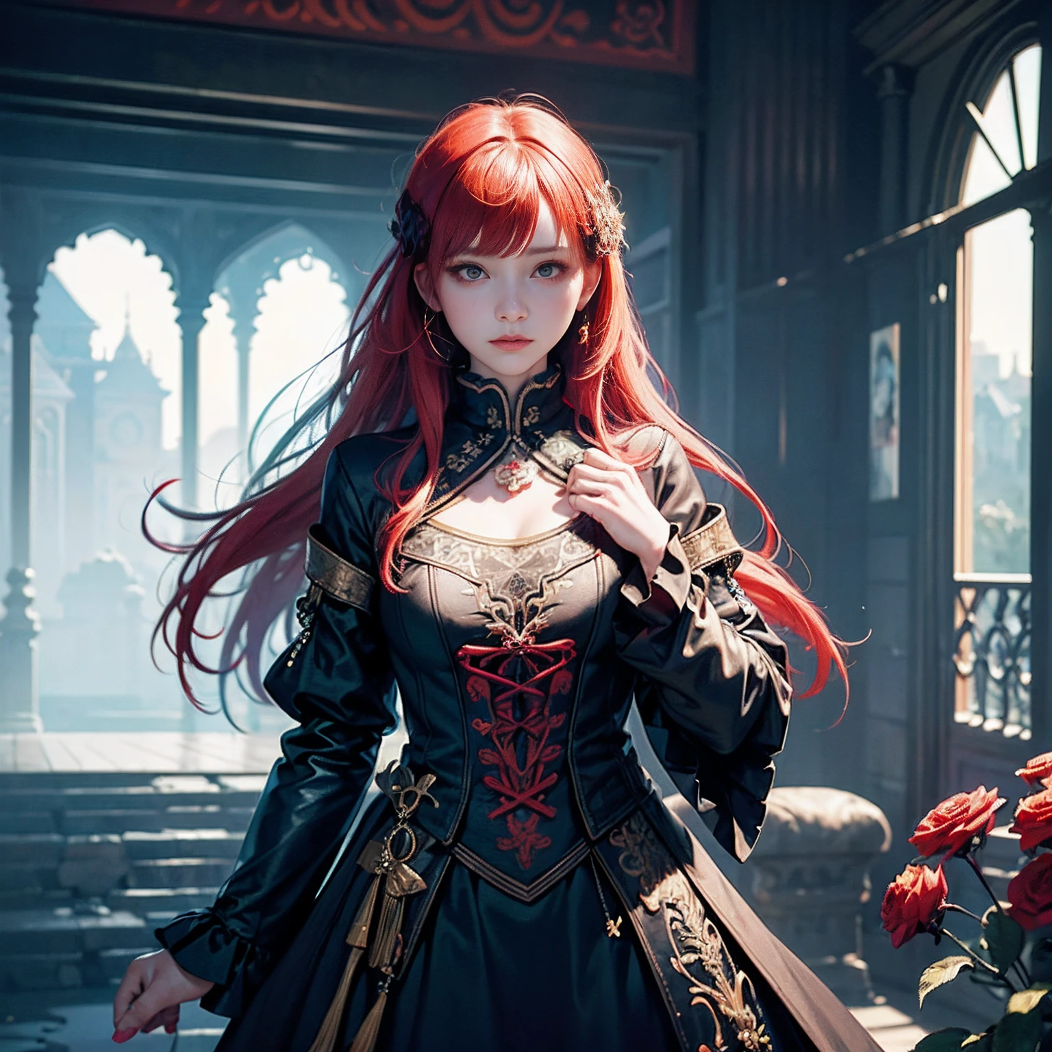 Unity 8k Wallpapers, ultra-detailliert, Beautiful and aesthetic, masterpiece, top-quality, (Zentangle, a Mandala, Tangles, Tangles), (Fractal Art:1.3) , 1girl in, Red flowers, ighly detailed, dynamic ungle, cowboy shot, Most Beautiful Form of Chaos, elegent, Brutalist design, vivd colour, romanticism, James Jean, roby dwi antono, by Ross Tran, Francis Bacon, michal mraz, Adrian Ghenny, petra cortright, Gerhard Richter、Takato Yamamoto、Ashley Wood、Atmosphere