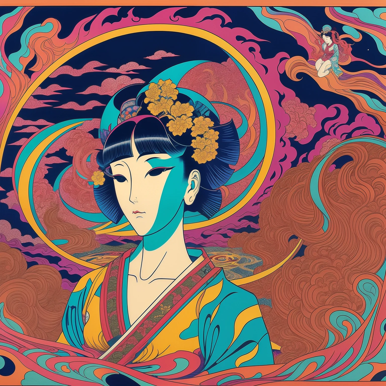 ukiyoe style, multi dimension universe, psychedelic hallucination, perspective, goddess silhouette seen from a distance