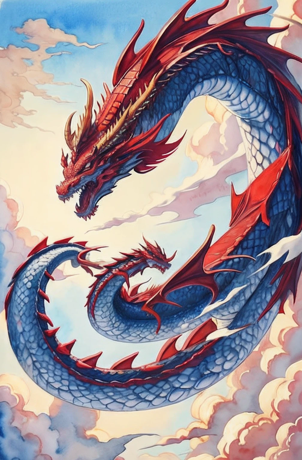 Dragon with Red Jewel、Painting of a Chinese dragon flying in the sky against the background of clouds, Dragon in the sky, Red Dragon, majestic japanese dragon, dragon art, Legendary Dragon, a dragon made of clouds, watercolor paiting、Flying Dragon, Red-scaled dragon, Crystal Dragon, dragonlike, god of dragons,