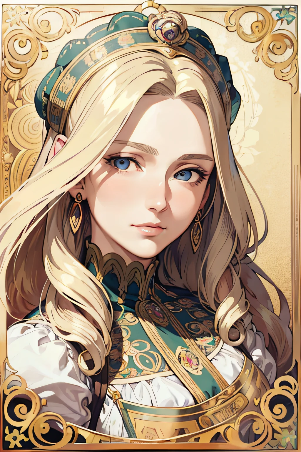 Portrait of a European woman on the face , long curly hair, blond, floral frame, decorative panel, abstract Realism, Art, Alphonse Mucha (masterpiece, best quality, high resolution: 1.4), detail, intricate detail, 4K, color splash, line art, Fibonacci,