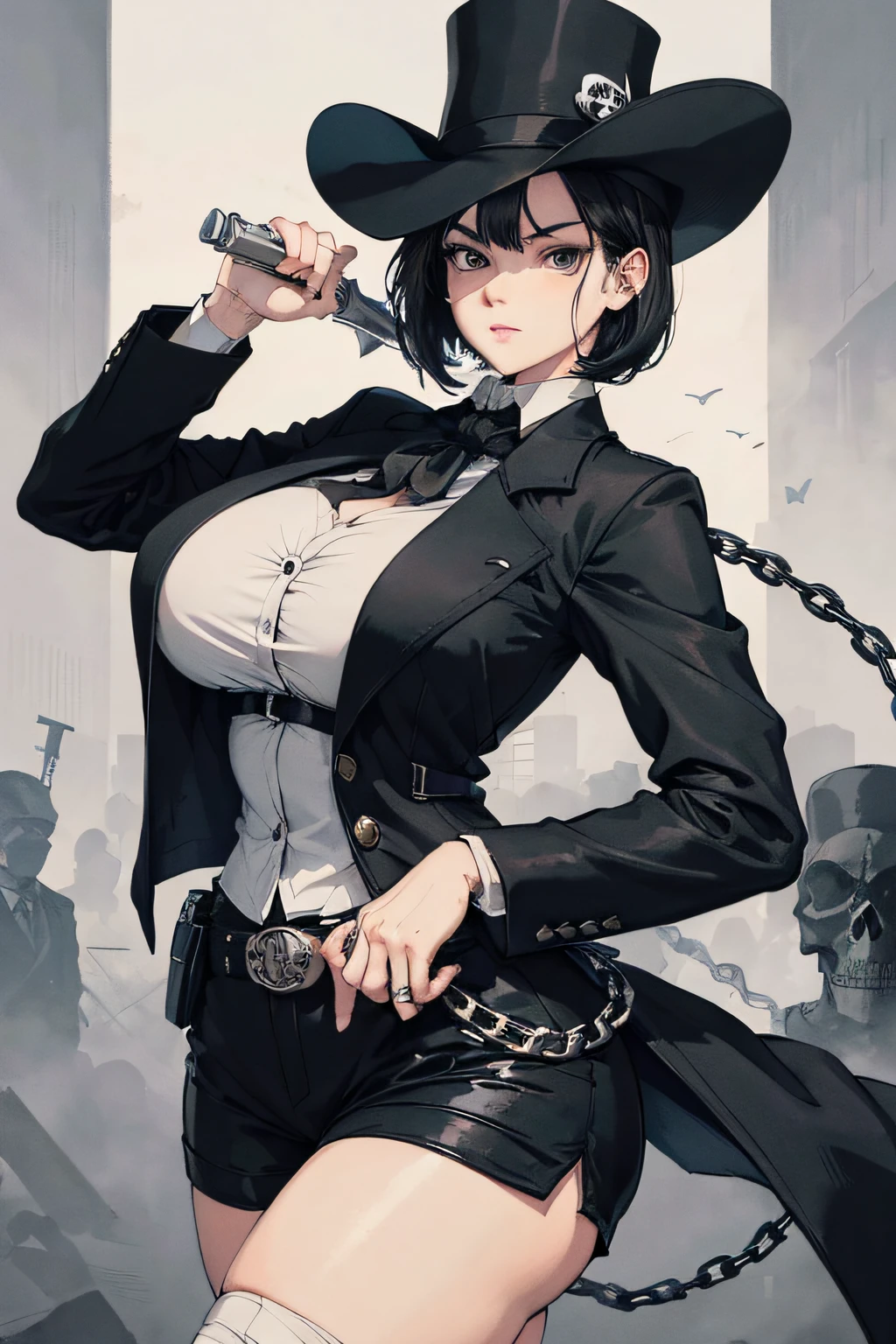 hunter ,female ,cool face ,cool ,bandage cover wound ,big boobs ,white eyes ,short black hair ,width hat ,weapon is handgun ,chain ,suit ,black tie ,skull belt buckle ,cool pose,blood ,dark night ,soft shadow ,modern lighting ,victorian city,masterpiece ,best quality ,ultra-detailed ,high res