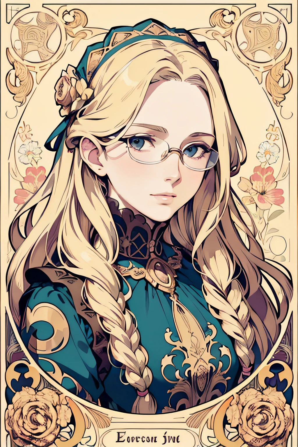Portrait of a European woman on the face , long curly hair, blond, floral frame, decorative panel, abstract Realism, Art, Alphonse Mucha (masterpiece, best quality, high resolution: 1.4), detail, intricate detail, 4K, color splash, line art, Fibonacci,