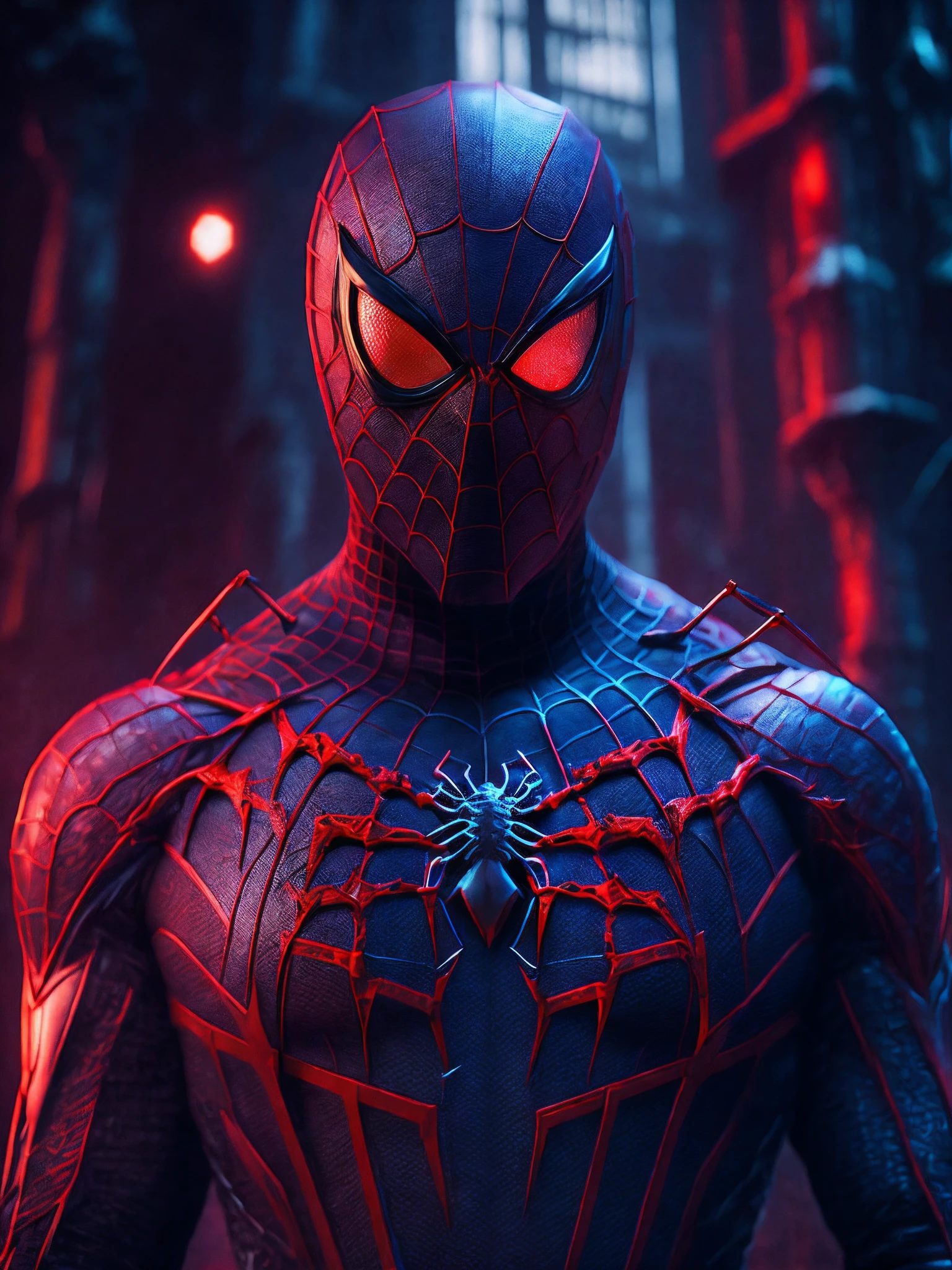 мрачный портрет Killer Spider-Man (The whole suit is covered in blood, torn suit pieces) da Marvel, with intricate and angular cybernetic implants inside a brutalist building, Gothic brutalist cathedral, Cyberpunk, Foto premiada, Bokeh, neon lights, Membro 4K Cyber ,