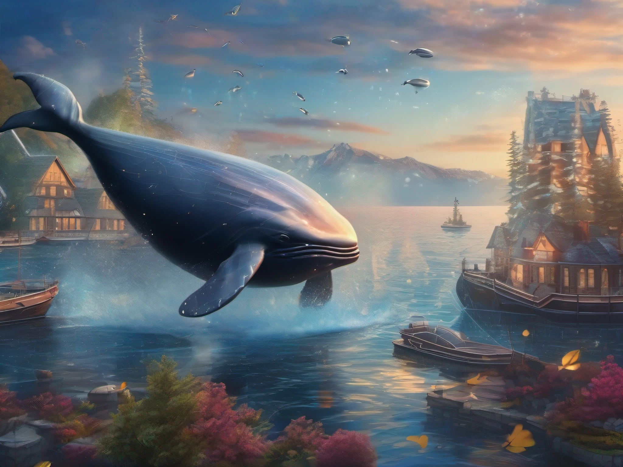 There are whale floating in the water, Sparkling whale, Space whale, Flying whale, (Tartan check whale:1.6), 8k Wallpaper, Hi-resolution, ULTRA details,