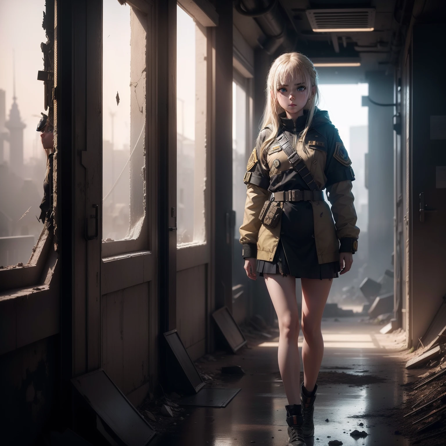 ukrainian girl , Ukrainian anime girls , , Ukraine ,  Full body composition of young girl with messy bright blonde hair, Looks Back,eye make up, 13 year old,  Soft lighting, Solo, Old torn dirty shabby futuristic military uniform, badges, Pose, Blotch color, Octane Render, Hyperrealistic intricate detail, Cinematic, 8K resolution, 70mm, Accent Lighting, Global Illumination, Full body portrait, clean detailed faces, intricate clothing, Cute face, flat chest, Slim waist, Slim legs, small hips,Show white underwear,