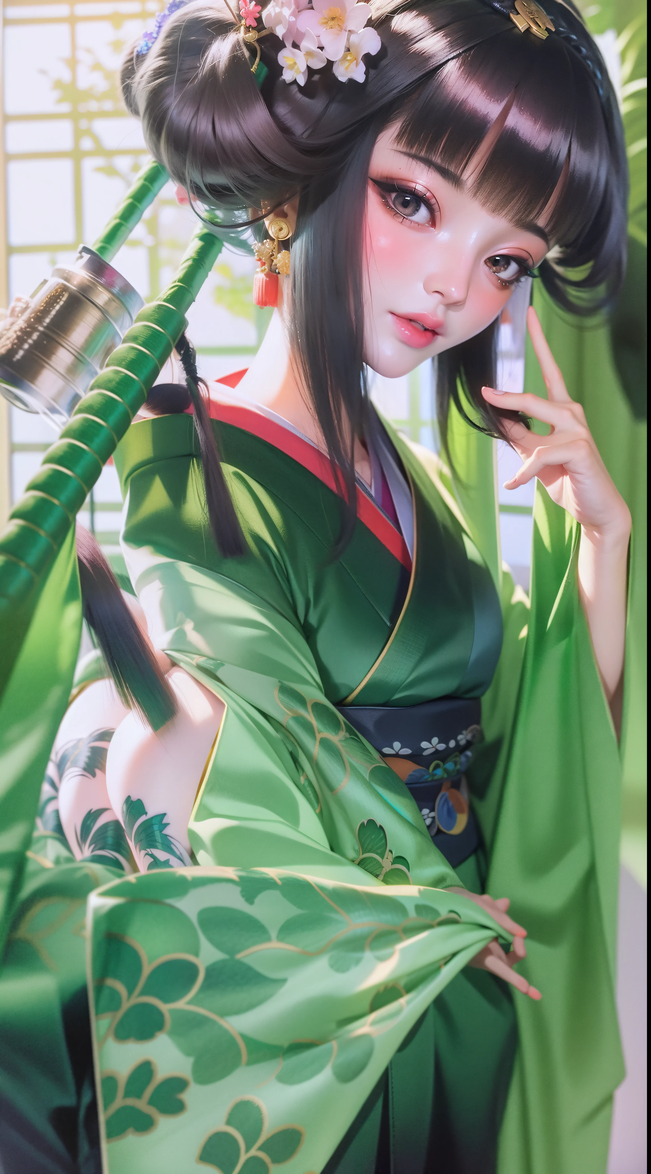 1girl, RAW photo, ultra high resolution,(Photorealsitic:1.4), A dark-haired, Smile, Bright pupils, high detailing, Realism, Fujicolor, Image Fill, viewfinder, Eye-Level Shot, 8K, Super Detail, UHD, Retina, masterpiece, Anatomically correct, Textured skin, high details, High quality, awardwinning, Best Quality, hight resolution, Top image quality, (16K), Kimono, silk fabric, japanese, Japanese clothes, (Wisteria floral pattern), Silk, Japan hair, Trailing hair, Japan beauties, Big ass, (wonderful proportions:1.8), (10 head body:1.8), Slim body, thin-waist, (Smart Standing), (Dignified atmosphere), Sense of cleanliness, (Full of elegance), Historical, heroine, refreshing, Edo style, Downtown Atmosphere, Edo-kko, Yoshiwara Geisha, 花魁, Oiran, Maiko, Juunihitoe, Premium kimono, amorous, Glossy appearance, (Long and beautiful legs:1.6), beautiful legs, (beautiful leg lines), (made in Japan:1.4), (ultra-precise rendering:1.4), Genroku culture, beauty in return, sexy nape,