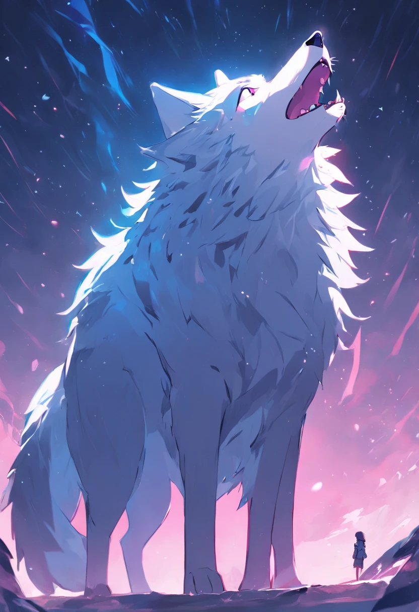 Big blue wolf Shaped like a hybrid of a lion and a dog，Huge size，He has snow-white fur，Pink and white footprints appear everywhere they go in front of the moon