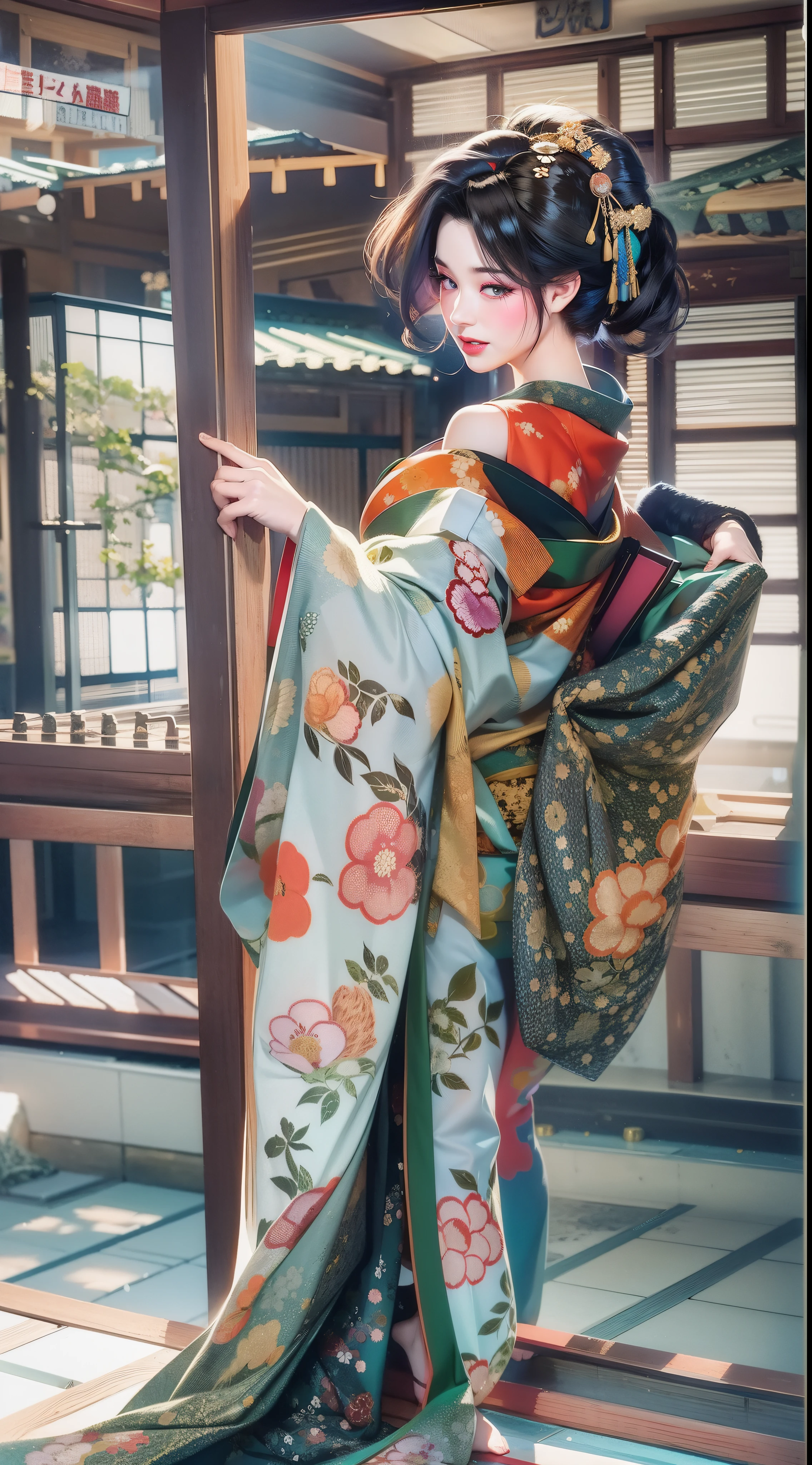 1girl, RAW photo, ultra high resolution,(Photorealsitic:1.4), A dark-haired, Smile, Bright pupils, high detailing, Realism, Fujicolor, Image Fill, viewfinder, Eye-Level Shot, 8K, Super Detail, UHD, Retina, masterpiece, Anatomically correct, Textured skin, high details, High quality, awardwinning, Best Quality, hight resolution, Top image quality, (16K), Kimono, silk fabric, japanese, Japanese clothes, (Wisteria floral pattern), Silk, Japan hair, Trailing hair, Japan beauties, Big ass, (wonderful proportions:1.8), (10 head body:1.8), Slim body, thin-waist, (Smart Standing), (Dignified atmosphere), Sense of cleanliness, (Full of elegance), Historical, heroine, refreshing, Edo style, Downtown Atmosphere, Edo-kko, Yoshiwara Geisha, 花魁, Oiran, Maiko, Juunihitoe, Premium kimono, amorous, Glossy appearance, (Long and beautiful legs:1.6), beautiful legs, (beautiful leg lines), (made in Japan:1.4), (ultra-precise rendering:1.4), Genroku culture, beauty in return, sexy nape,