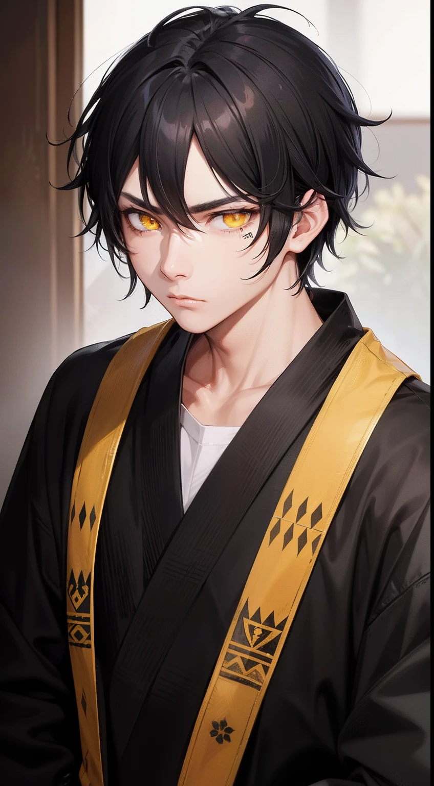 Highest details adult Male with pure messy black hair, yellow eyes, wearing traditional kinono, Magic glowing eyes, serious look, gang meber, sharp eyes, tired, sick
