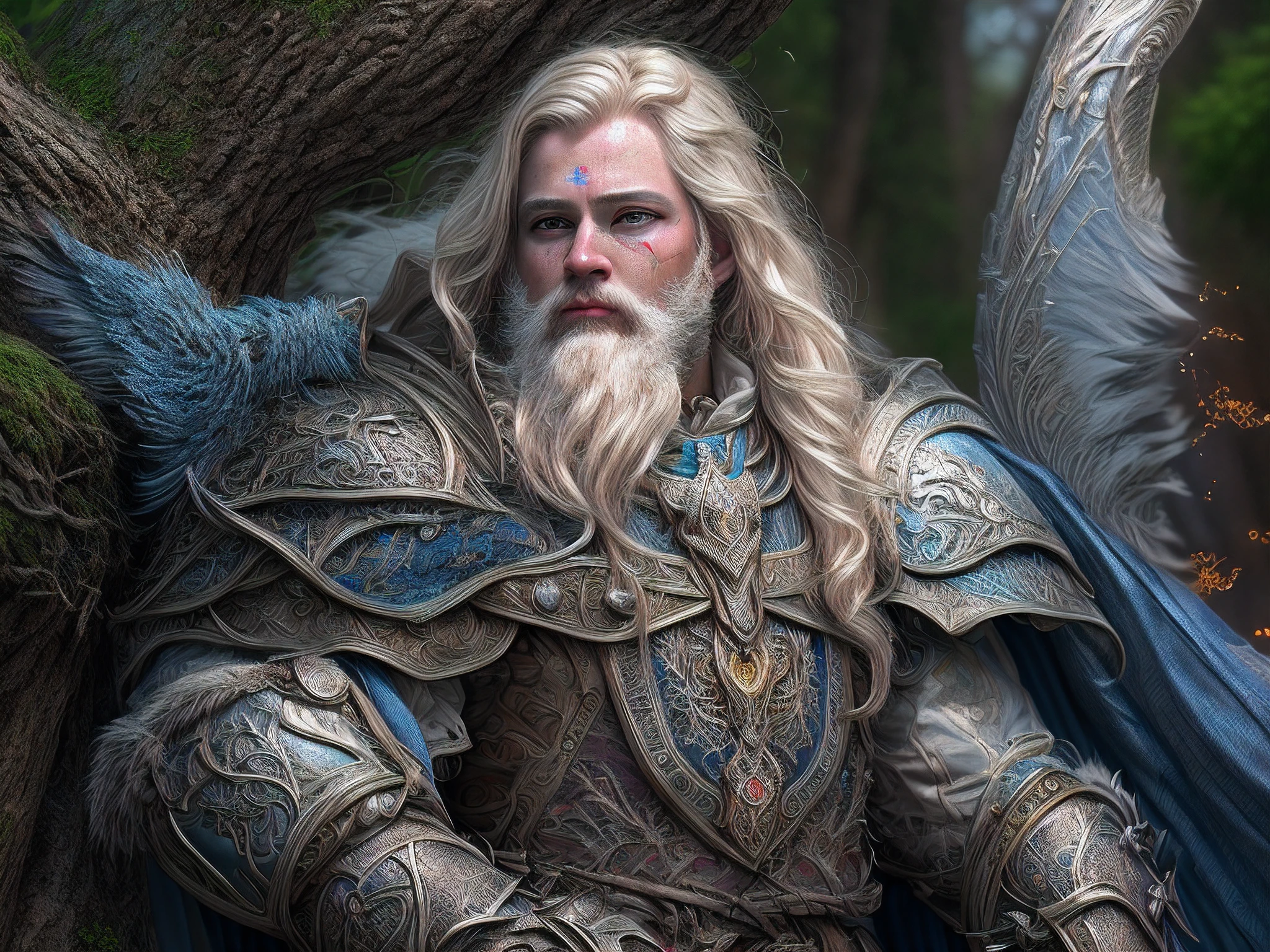 a picture of dwarf paladin of the crown protecting the palace, a male dwarf, holy knight, protector of the crown, full body (best details, Masterpiece, best quality :1.5), blond hair, long hair, blond beard, full body (best details, Masterpiece, best quality :1.5), ultra detailed face (best details, Masterpiece, best quality :1.5), muscular, blond hair, long hair, braided hair, blue eyes, intense eyes, wearying heavy armor, white armor (best details, Masterpiece, best quality :1.5), purple cloak, flowing cloak, armed with an axe fantasyaxe axe, glowing axe,  fantasy forest background, D&D art, RPG art, magical atmosphere magic-fantasy-forest, ultra best realistic, best details, best quality, 16k, [ultra detailed], masterpiece, best quality, (extremely detailed), ultra wide shot, photorealism, depth of field, hyper realistic painting, 3D rendering