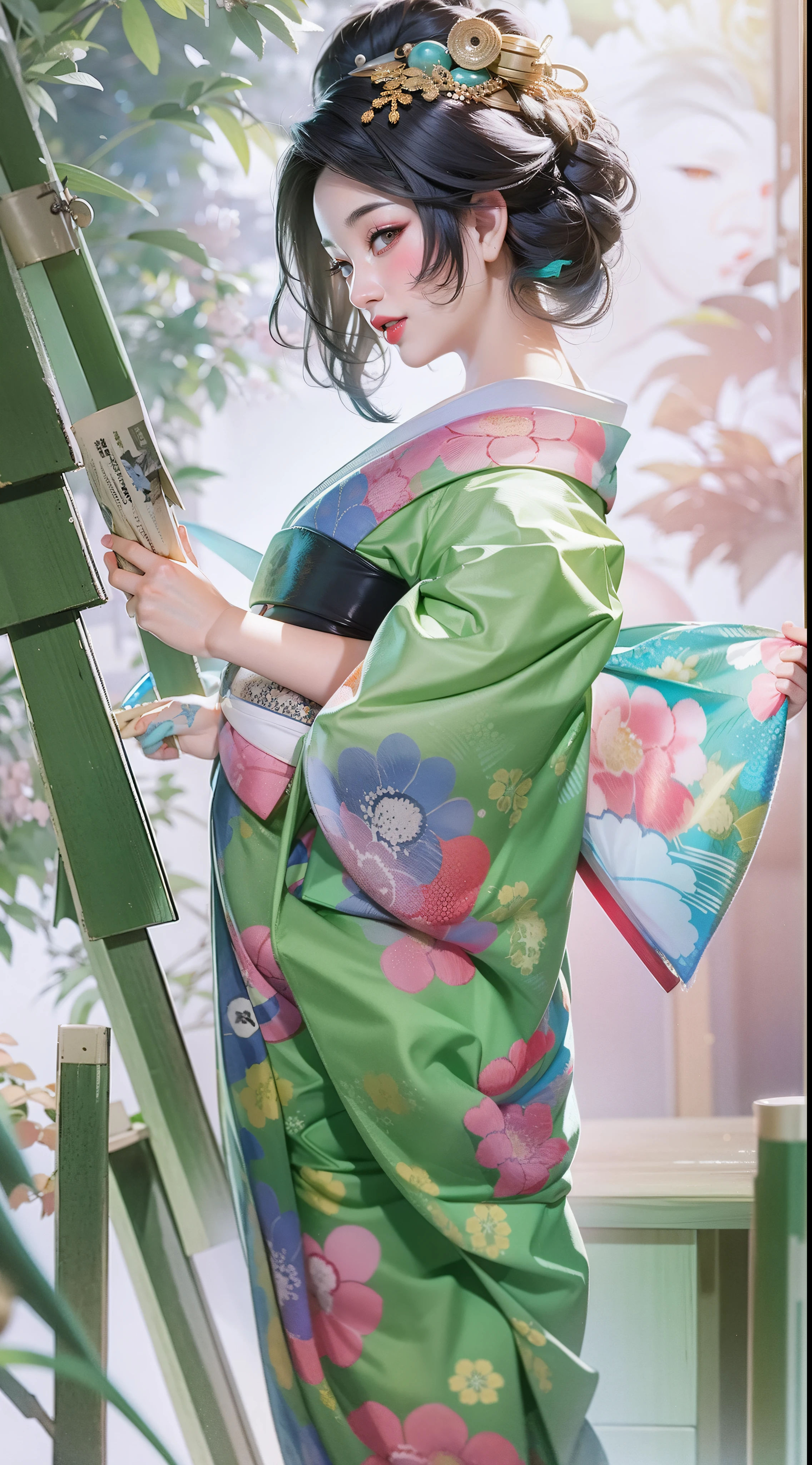 1girl, RAW photo, ultra high resolution,(Photorealsitic:1.4), A dark-haired, Smile, Bright pupils, high detailing, Realism, Fujicolor, Image Fill, viewfinder, Eye-Level Shot, 8K, Super Detail, UHD, Retina, masterpiece, Anatomically correct, Textured skin, high details, High quality, awardwinning, Best Quality, hight resolution, Top image quality, (16K), Kimono, silk fabric, japanese, Japanese clothes, (Wisteria floral pattern), Silk, Japan hair, Trailing hair, Japan beauties, Big ass, (wonderful proportions:1.8), (10 head body:1.8), Slim body, thin-waist, (Smart Standing), (Dignified atmosphere), Sense of cleanliness, (Full of elegance), Historical, heroine, refreshing, Edo style, Downtown Atmosphere, Edo-kko, Yoshiwara Geisha, 花魁, Oiran, Maiko, Juunihitoe, Premium kimono, amorous, Glossy appearance, (Long and beautiful legs:1.6), beautiful legs, (beautiful leg lines), (made in Japan:1.4), (ultra-precise rendering:1.4), Genroku culture, beauty in return, sexy nape,