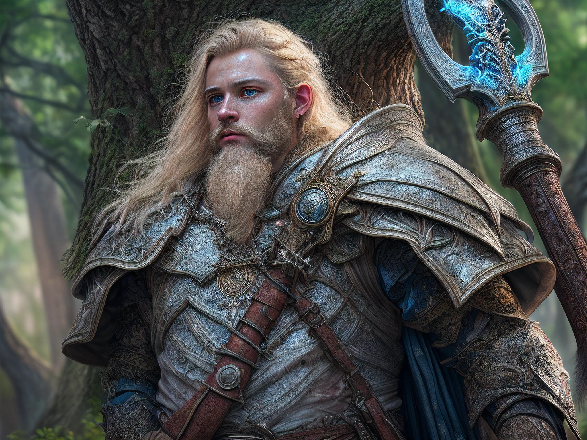 a picture of dwarf paladin of the crown protecting the palace, a male dwarf, holy knight, protector of the crown, full body (best details, Masterpiece, best quality :1.5), blond hair, long hair, blond beard, full body (best details, Masterpiece, best quality :1.5), ultra detailed face (best details, Masterpiece, best quality :1.5), muscular, blond hair, long hair, braided hair, blue eyes, intense eyes, wearying heavy armor, white armor (best details, Masterpiece, best quality :1.5), purple cloak, flowing cloak, armed with an axe fantasyaxe axe, glowing axe,  fantasy forest background, D&D art, RPG art, magical atmosphere magic-fantasy-forest, ultra best realistic, best details, best quality, 16k, [ultra detailed], masterpiece, best quality, (extremely detailed), ultra wide shot, photorealism, depth of field, hyper realistic painting, 3D rendering