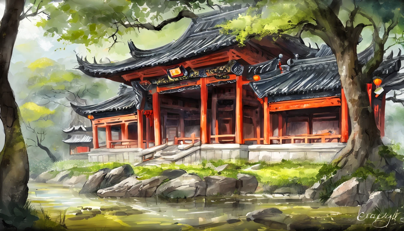 In a quaint Han Dynasty style temple，There are numerous buildings，The courtyard is covered with moss，There are many ancient trees outside the temple，fallen leaves on the steps，There was a light rain in the sky，no sun