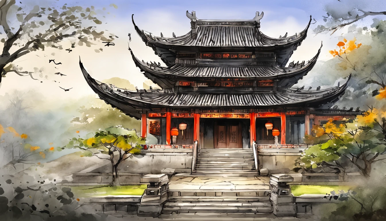 In a quaint Han Dynasty style temple,There are numerous buildings,The courtyard is covered with moss,There are many ancient trees outside the temple,fallen leaves on the steps,There was a light rain in the sky,no sun
