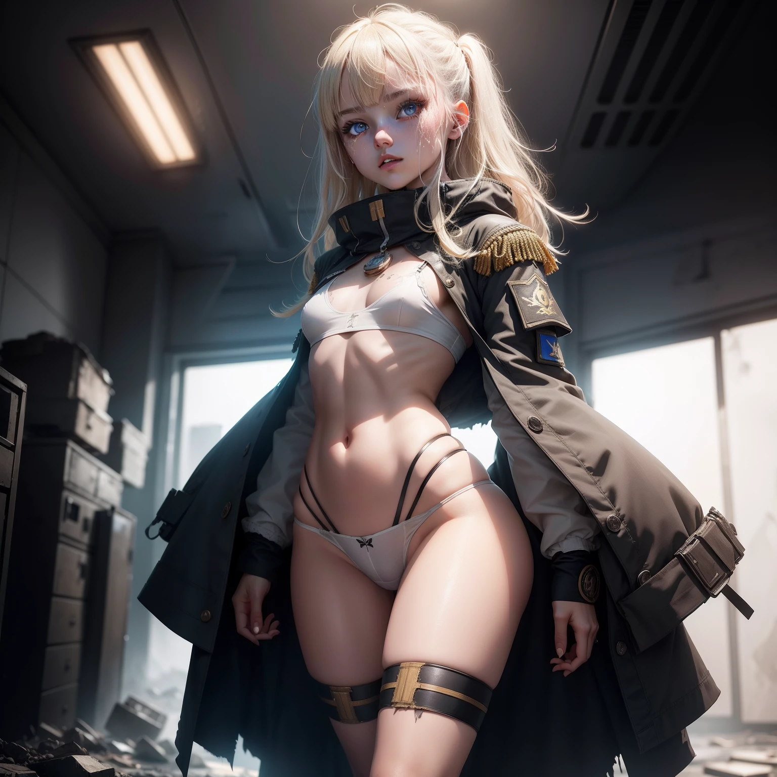 ukrainian girl , Ukrainian anime girls , , Ukraine , Full body composition of young girl with messy bright blonde hair, Looks Back,eye make up, , Soft lighting, Solo, Old torn dirty shabby futuristic military uniform, badges, Pose, Blotch color, Octane Render, Hyperrealistic intricate detail, Cinematic, 8K resolution, 70mm, Accent Lighting, Global Illumination, Full body portrait, clean detailed faces, intricate clothing, Cute face, flat chest, Slim waist, Slim legs, small hips,Show white underwear,