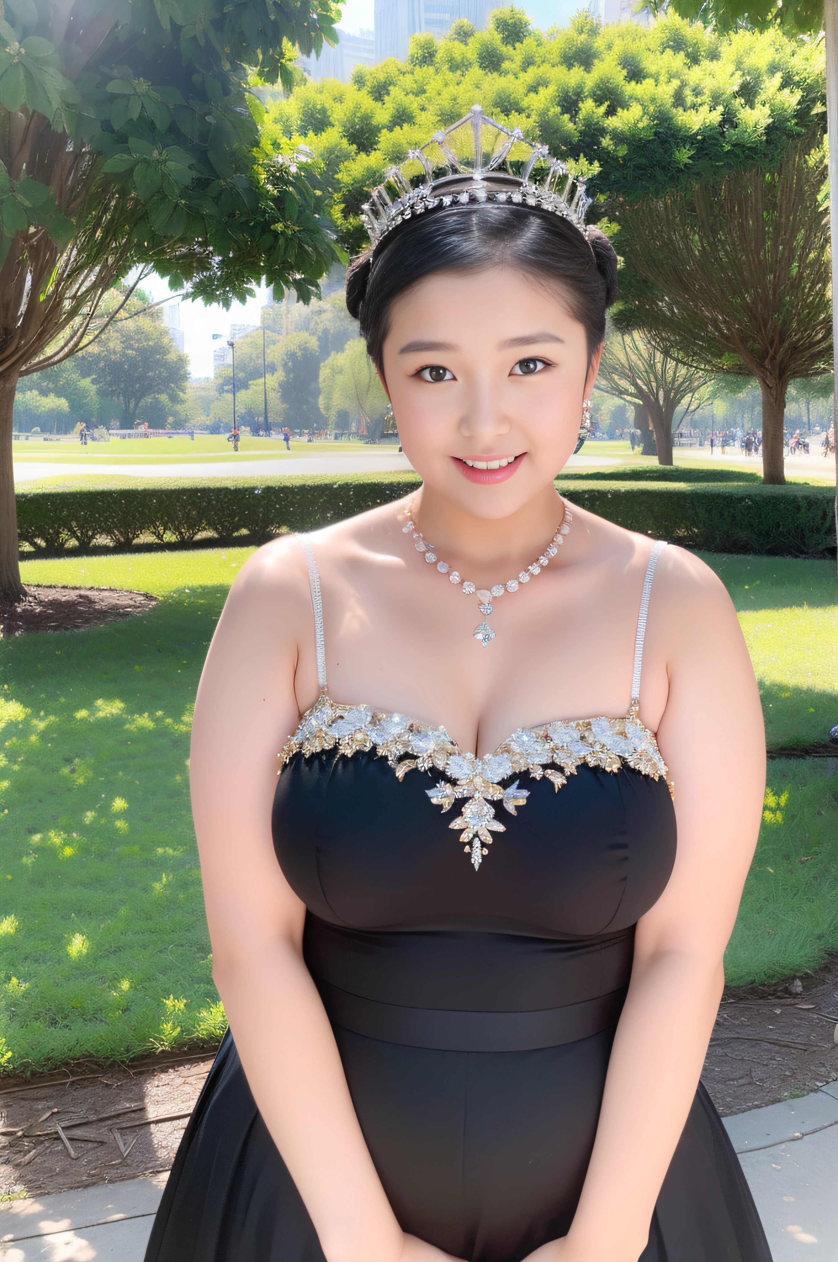 ((Chubby Glamour 1.3))、28-year-old beauty ballerina in the park、Costume is a miniskirt、Crotch exposed、Black hair shortcuts、Expensive necklaces and earrings、simple tiara、Bright park