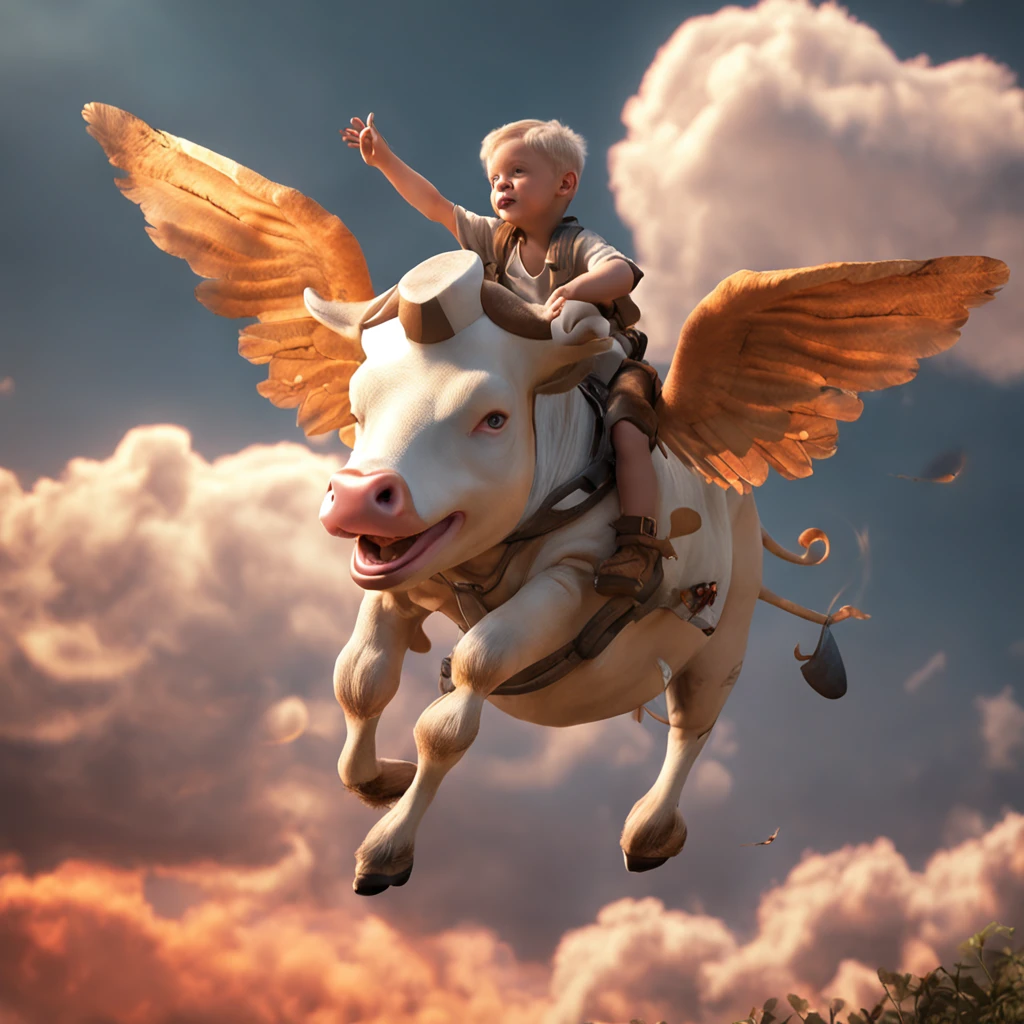 In the sky,A angelic boy flies on a winged cow。