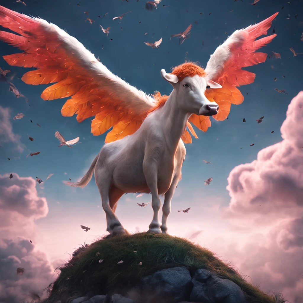 In the sky,A little angelic boy flies on a winged cow。
