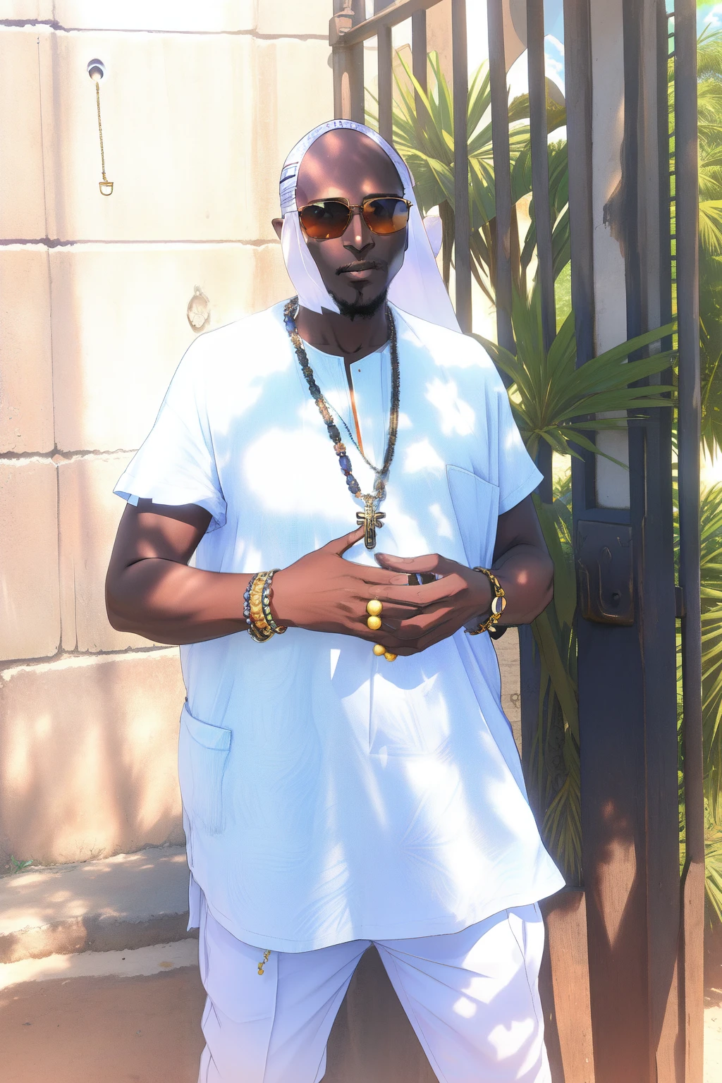 there is an African man wearing sunglasses standing in front of a gate with a rosary on his neck, taken in the late 2010s, taken in the early 2020s, wears a egyptian ankh necklace, alphonse musha, george pemba, lance reddick, emmanuel shiru, alphonse muca, richard sigamani