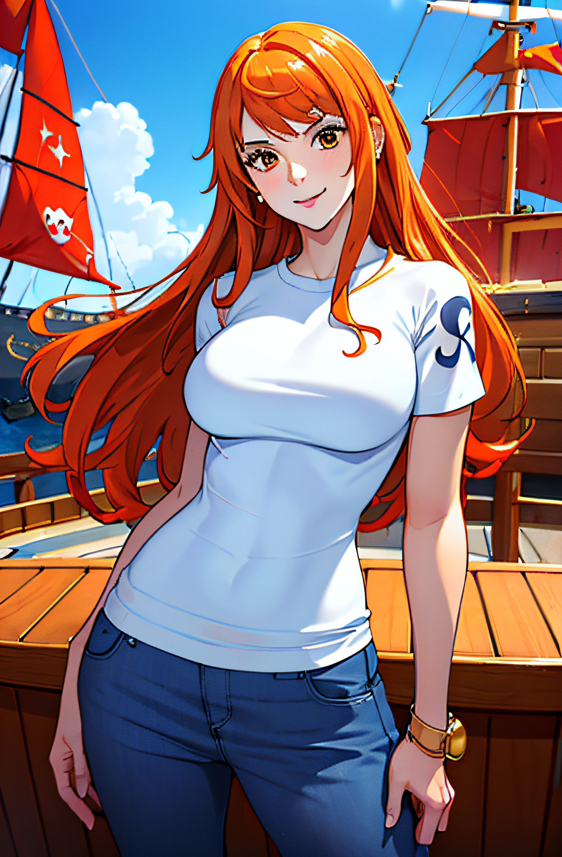 (((masterpiece+best quality+high resolution+ultra-detailed))), 1girl with clima-tact, Nami, long silky orange hair, high nose, sharp eyes, noble and inviolable temperament, (([female]: 1.2 + [beauty]: 1.2 + orange long hair: 1.2)), pirate ship background, blue sky, clouds, log pose, gold bracelets, wearing white t-shirts, tight low-rider jeans, shoulder tattoo, bright eyes, dynamic angle and posture., sweating, pants pull, undressing, clothes pull