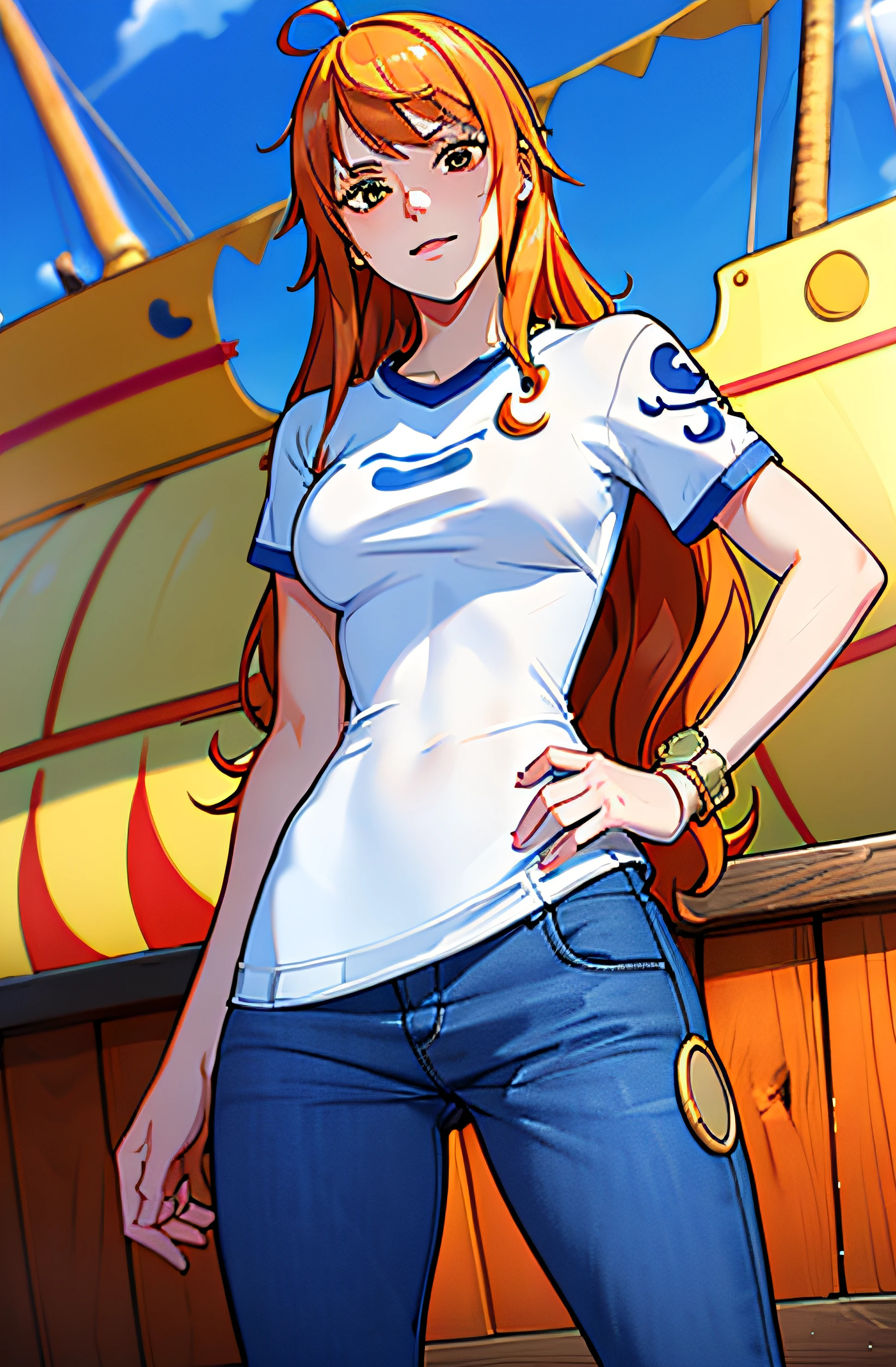 (((masterpiece+best quality+high resolution+ultra-detailed))), 1girl with clima-tact, Nami, long silky orange hair, high nose, sharp eyes, noble and inviolable temperament, (([female]: 1.2 + [beauty]: 1.2 + orange long hair: 1.2)), pirate ship background, blue sky, clouds, log pose, gold bracelets, wearing white t-shirts, tight low-rider jeans, shoulder tattoo, bright eyes, dynamic angle and posture., sweating, pants pull, , clothes pull