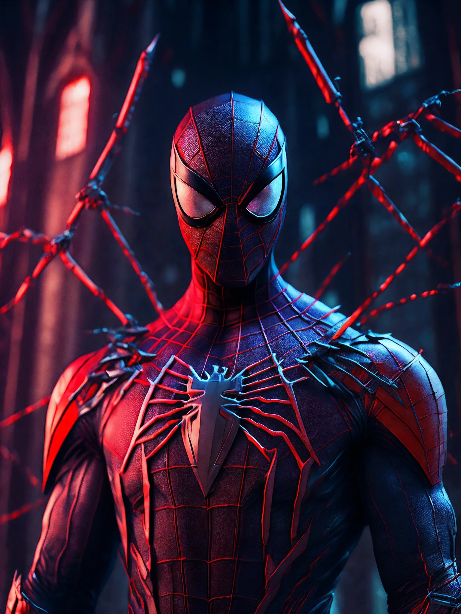 мрачный портрет Killer Spider-Man (The whole suit is covered in blood, torn suit pieces) da Marvel, with intricate and angular cybernetic implants inside a brutalist building, Gothic brutalist cathedral, Cyberpunk, Foto premiada, Bokeh, neon lights, Membro 4K Cyber ,
