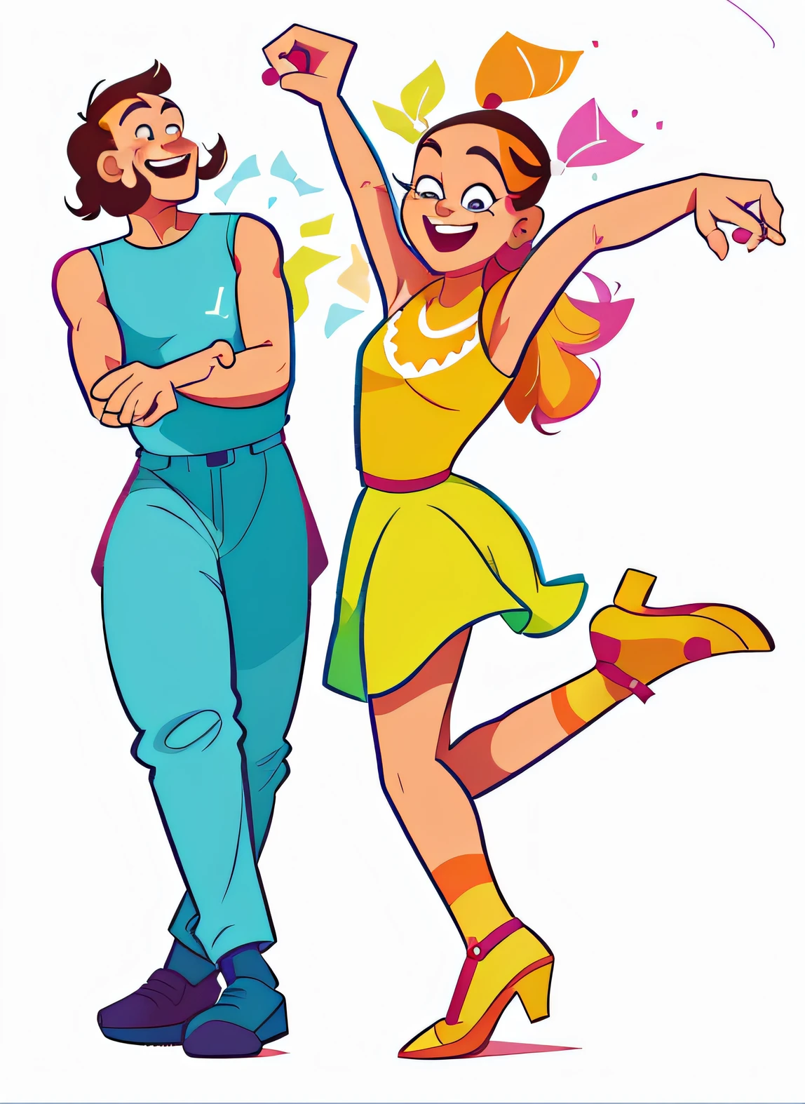 A cartoon image of a man and woman dancing together, Colorful! Character design, dancing with each other, dancing character, powerpuff girls style, Dancing people, Prom, colorful illustrations, frantic dancing pose, Colorful illustration, goddes, dancers, inspired by Lois van Baarle, Cartoon image, Cartoon style illustration, no gradien, promotional art