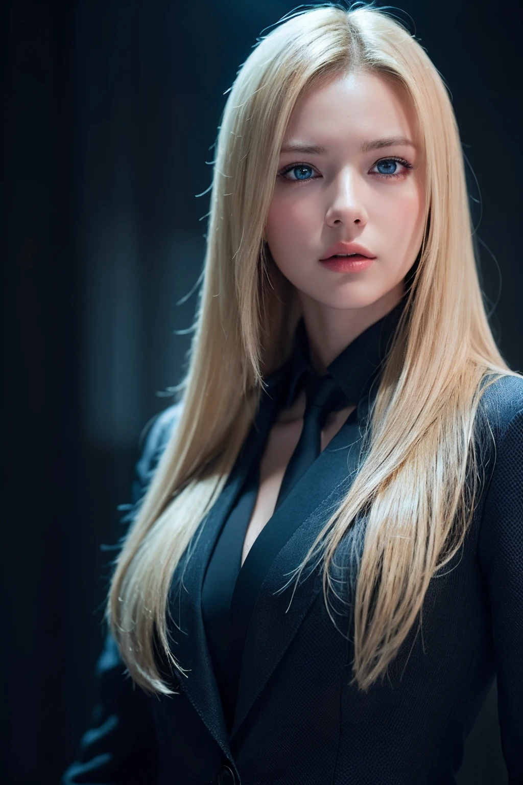 Best quality, masterpiece, ultra high res, (photorealistic:1.4), raw photo, 1girl, blonde hair, blue eyes, detailed eyes and face, reds suit, dynamic lighting, in the dark, deep shadow, low key, cowboy shot full-lenght body