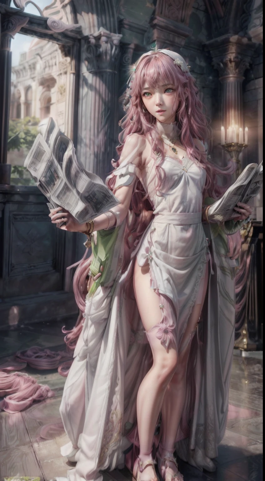 masterpiece, Highly detailed, super realistic, detailed background, bright Lighting, Daylight, beautiful face, beautiful eyes,
 medieval style, 4k, 8k, 1girl, solo, 
(14-years-old magical princess:1.2), (pretty face),(pink-wavy-hair and green-eyes:1.5),
wearing (White Archbishop's ceremonial long dress:1.5), (Golden bracelet), (tube top), (Necklace), (Jewelry), (slender:1.5),
 (small breasts), (pretty face), (****), (looking away),(Roman sandals:1.5),
(in the Royal Palace Living Room),(Standing up and reading the newspaper:1.5),
(surprised),(Open mouth),