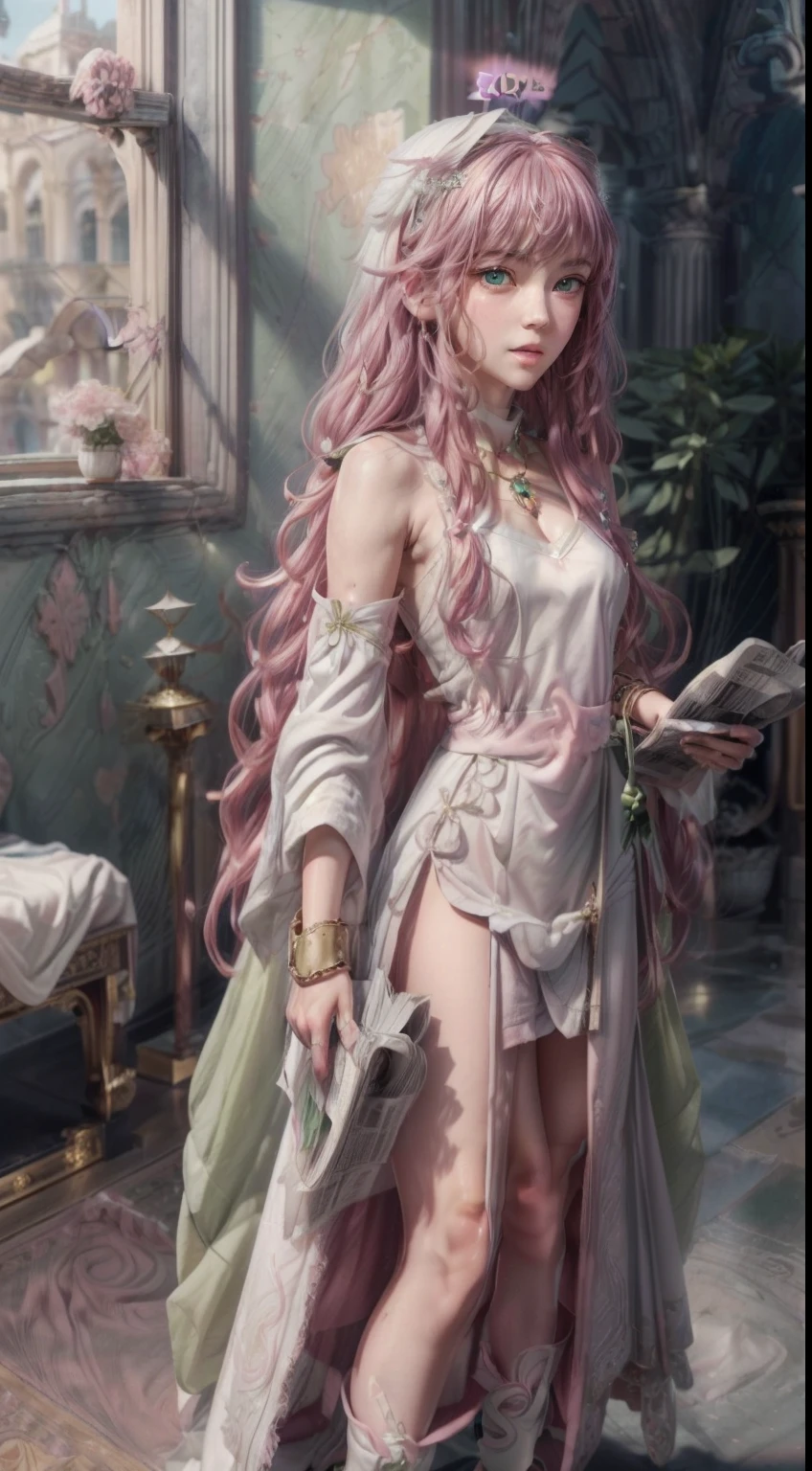 masterpiece, Highly detailed, super realistic, detailed background, bright Lighting, Daylight, beautiful face, beautiful eyes,
 medieval style, 4k, 8k, 1girl, solo, 
(14-years-old magical princess:1.2), (pretty face),(pink-wavy-hair and green-eyes:1.5),
wearing (White Archbishop's ceremonial long dress:1.5), (Golden bracelet), (tube top), (Necklace), (Jewelry), (slender:1.5),
 (small breasts), (pretty face), (****), (looking away),(Roman sandals:1.5),
(in the Royal Palace Living Room),(Standing up and reading the newspaper:1.5),
(surprised),(Open mouth),