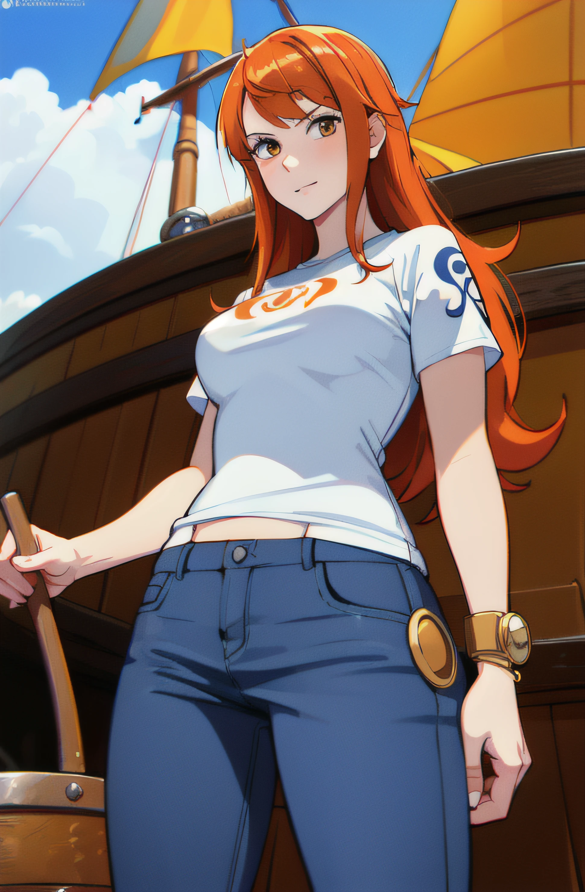 (((masterpiece+best quality+high resolution+ultra-detailed))), 1girl with clima-tact, Nami, long silky orange hair, high nose, sharp eyes, noble and inviolable temperament, (([female]: 1.2 + [beauty]: 1.2 + orange long hair: 1.2)), pirate ship background, blue sky, clouds, log pose, gold bracelets, wearing white t-shirts, tight low-rider jeans, shoulder tattoo, bright eyes, dynamic angle and posture., sweating, pants pull, clothes pull