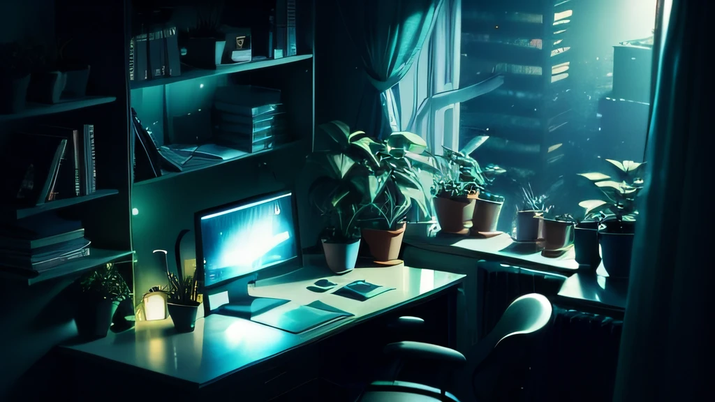 Room at night, ciberpunk, computer desk, houseplants, Books, computer, Space outside the window, green light