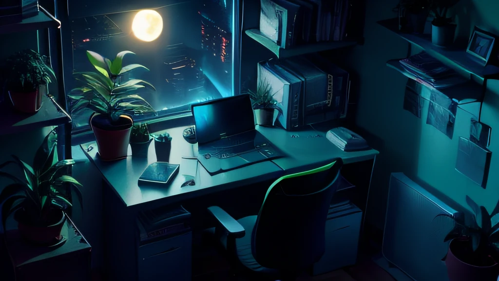 Room at night, ciberpunk, computer desk, houseplants, Books, computer, Space outside the window, green light