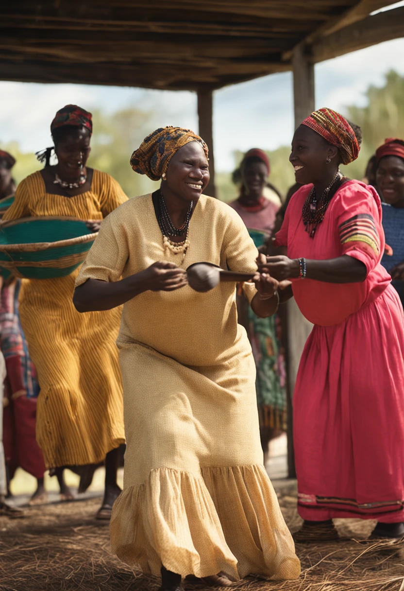 A realistic photograph of Gullah-Geechee people dancing in their cultural attire, very happy with some women weaving cultural baskets